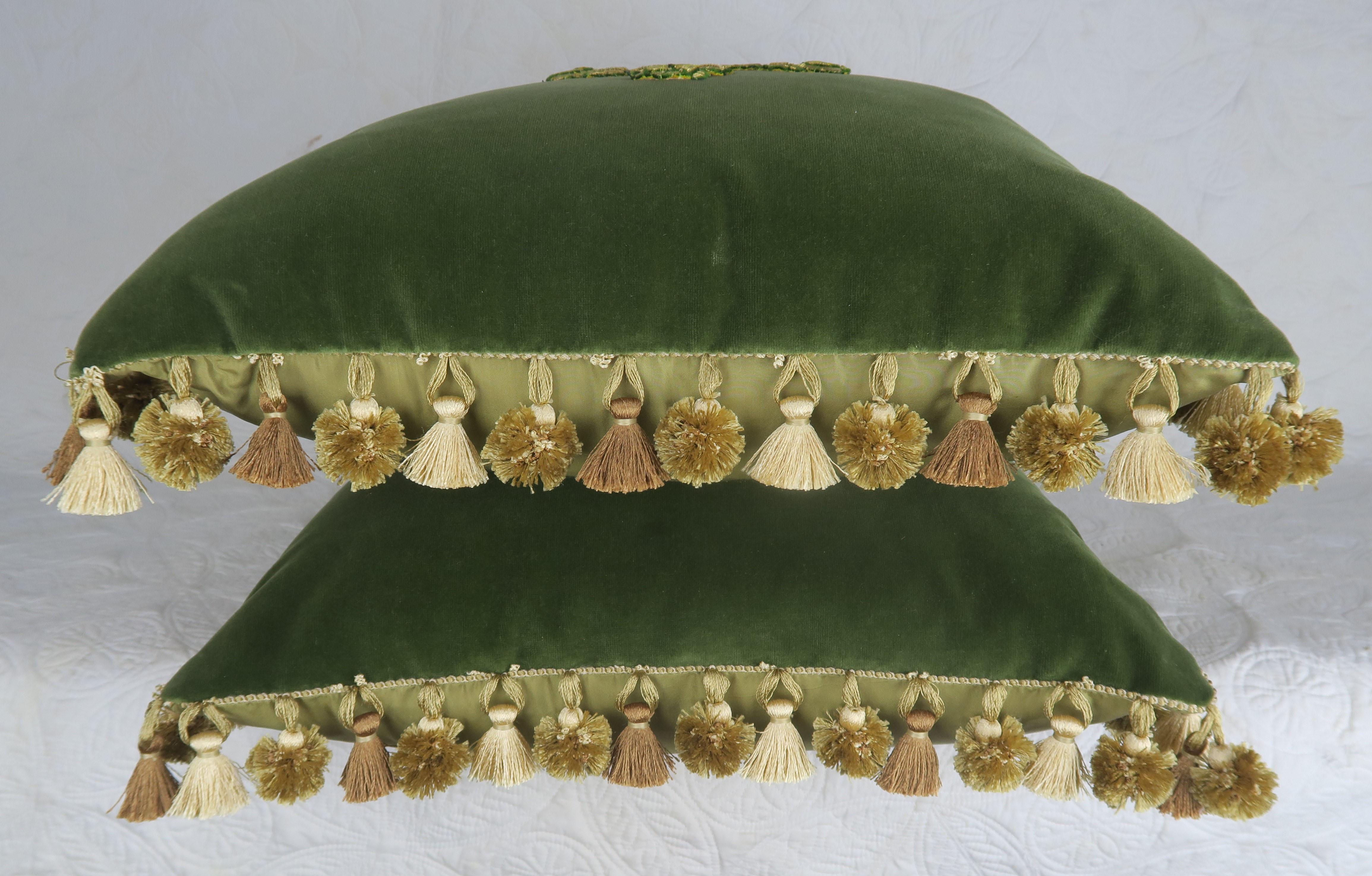 Italian 19th Century Appliqued Green Velvet Pillows by Melissa Levinson