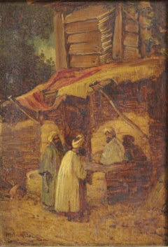 19th Century Arabian Market Scene Sketch Oil on Board