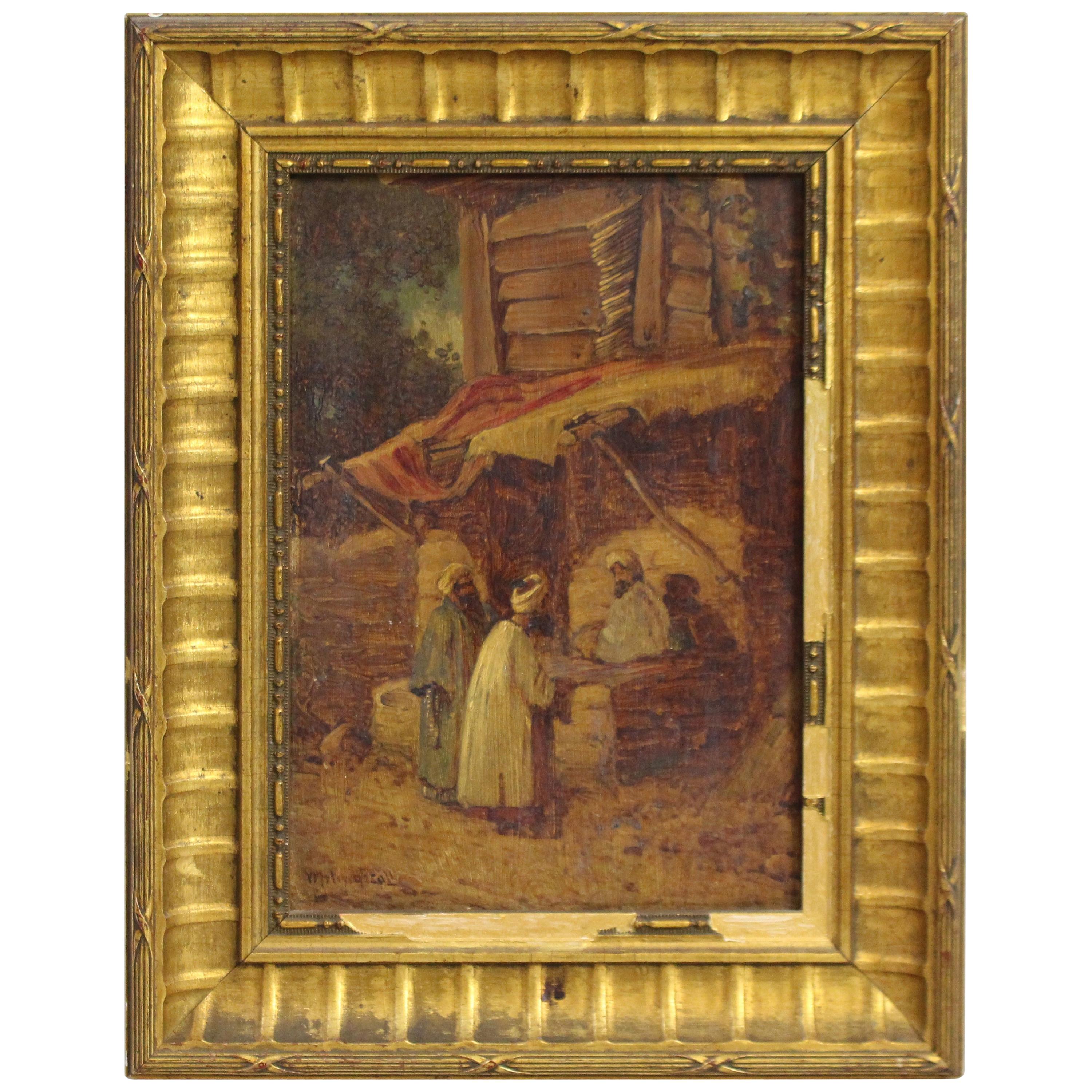 19th Century Arabian Market Scene Sketch Oil on Board For Sale