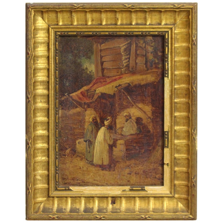 19th Century Arabian Market Scene Sketch Oil On Board