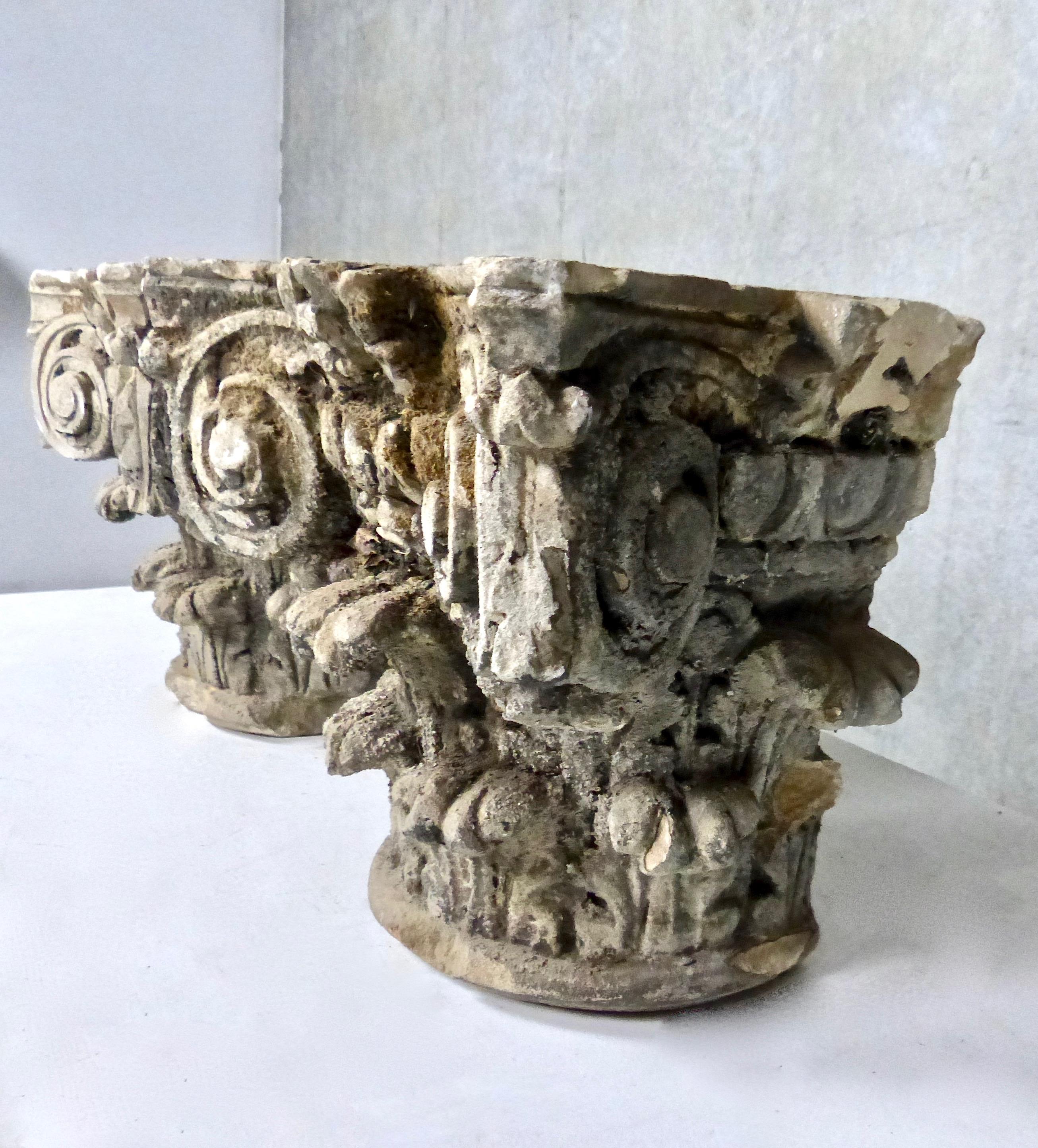 19th Century Architectural Salvage Limestone Pillar Column Capitals at