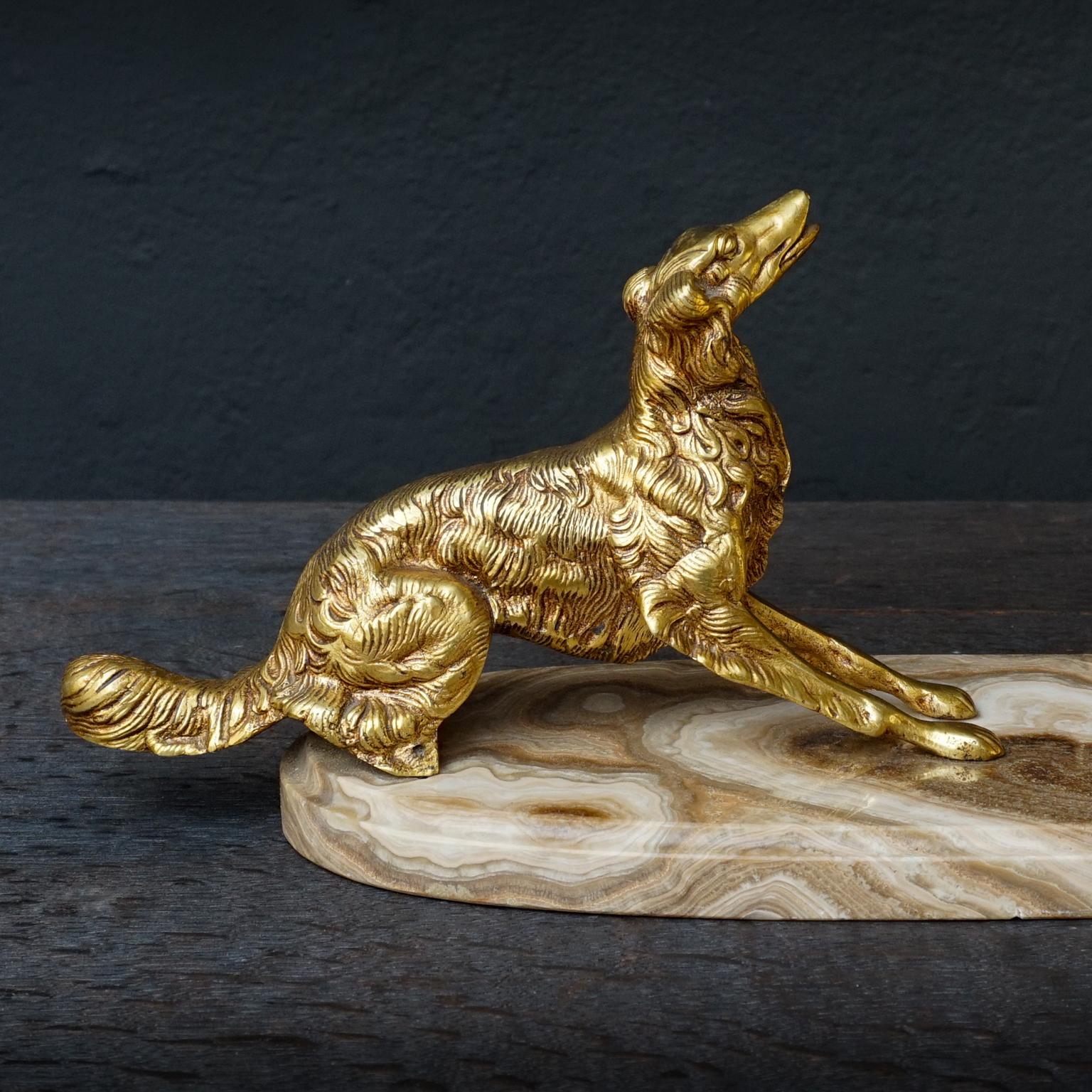 19th C. Art Deco French Brass Borzoi or Barzoi Dogs on 'Cafe au Lait' Marble 7