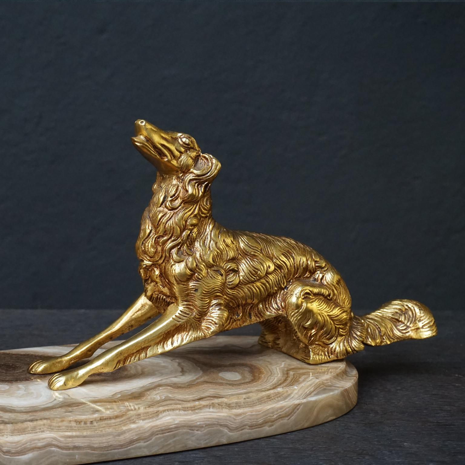 19th C. Art Deco French Brass Borzoi or Barzoi Dogs on 'Cafe au Lait' Marble 8