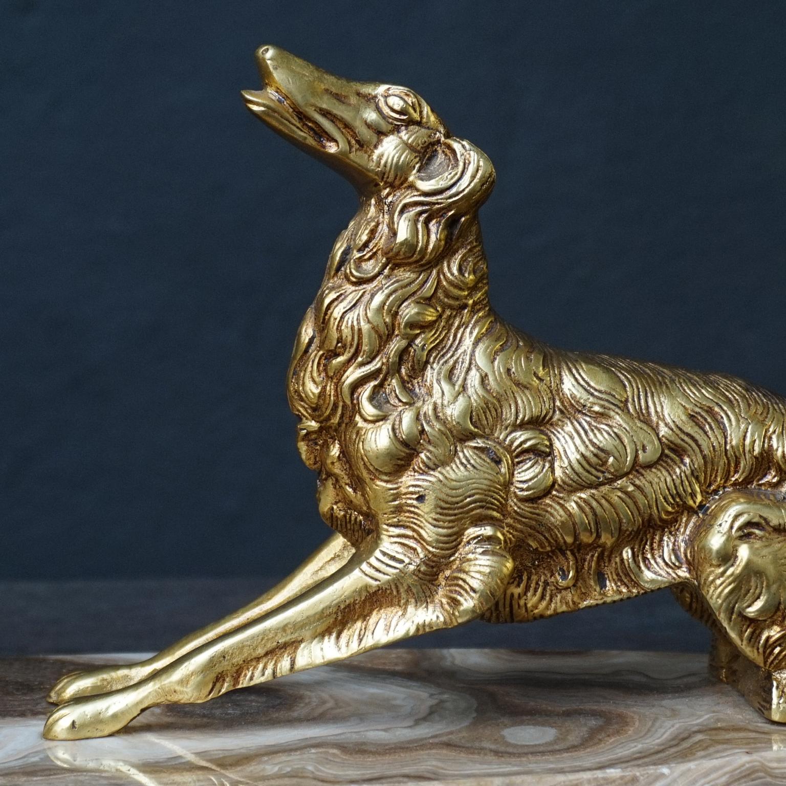 19th C. Art Deco French Brass Borzoi or Barzoi Dogs on 'Cafe au Lait' Marble 9