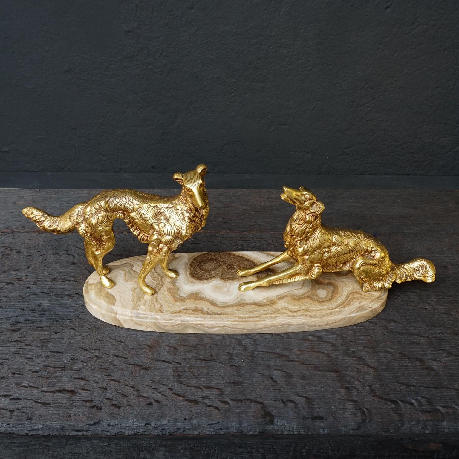 Cast 19th C. Art Deco French Brass Borzoi or Barzoi Dogs on 'Cafe au Lait' Marble