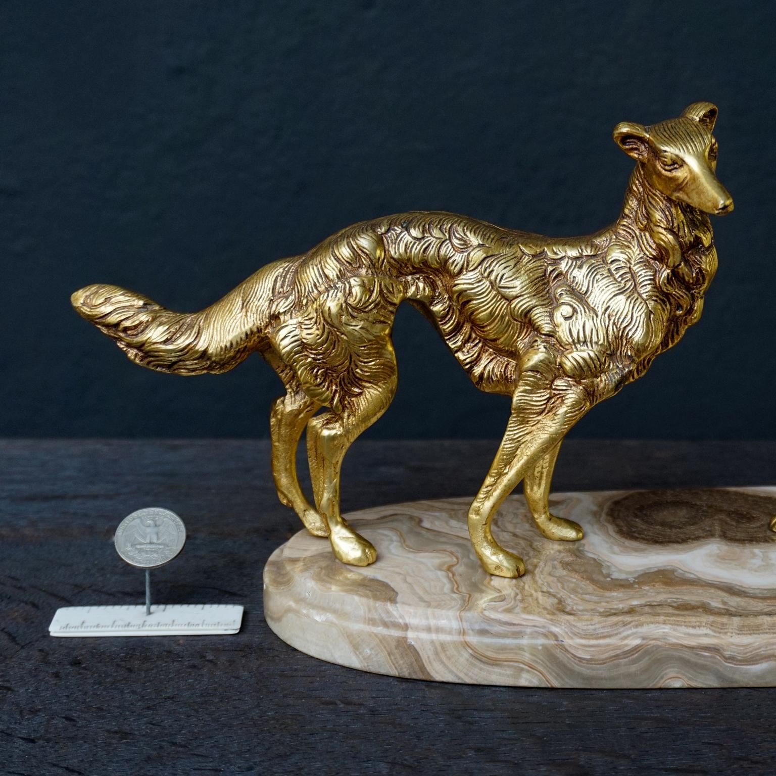 19th C. Art Deco French Brass Borzoi or Barzoi Dogs on 'Cafe au Lait' Marble 2