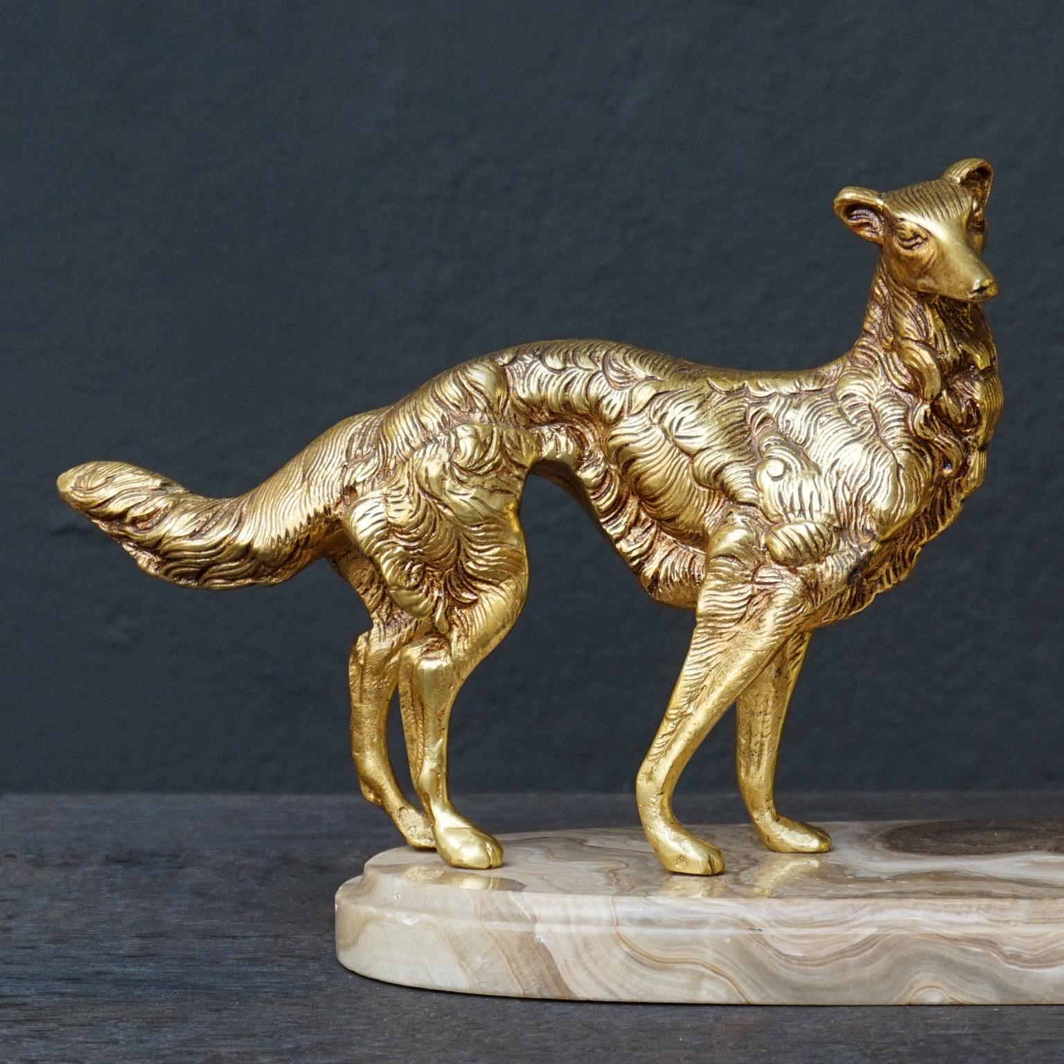 19th C. Art Deco French Brass Borzoi or Barzoi Dogs on 'Cafe au Lait' Marble 3