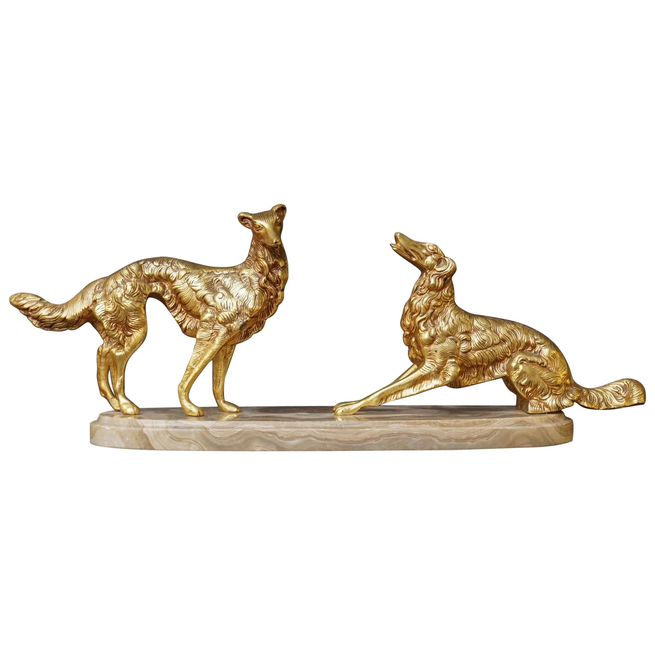19th C. Art Deco French Brass Borzoi or Barzoi Dogs on 'Cafe au Lait' Marble