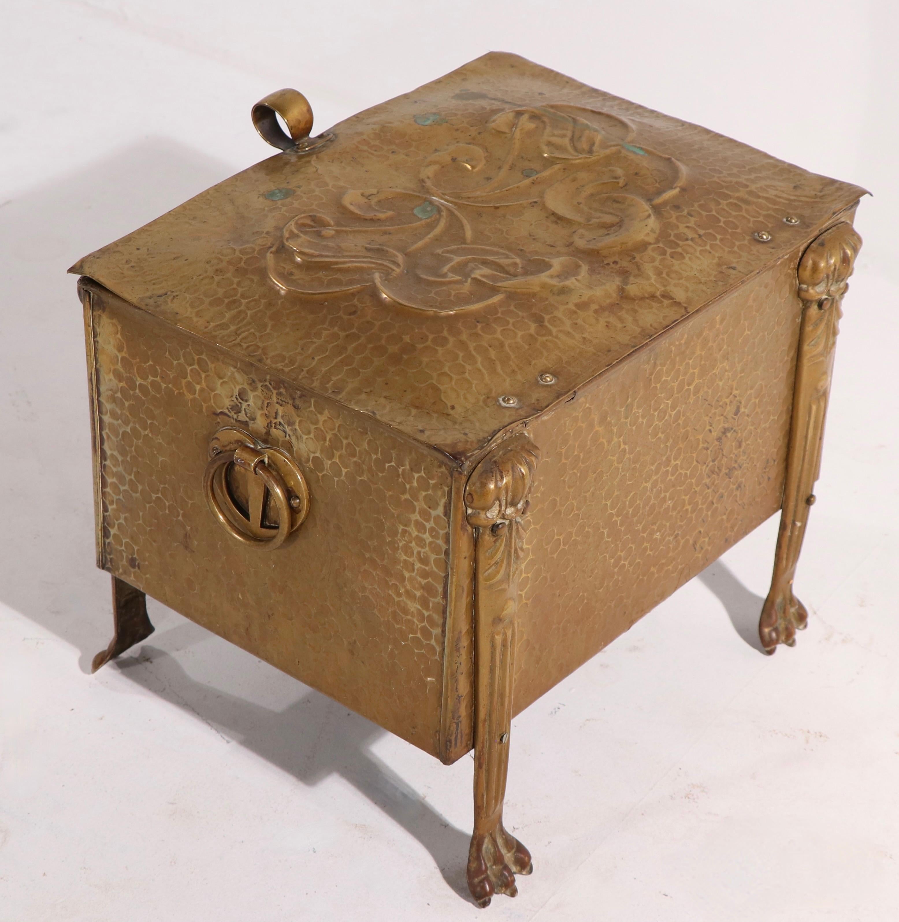 19th C Art Nouveau Arts and Crafts Coal Wood Box in Repousse Brass 5