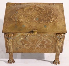 19th C Art Nouveau Arts and Crafts Coal Wood Box in Repousse Brass