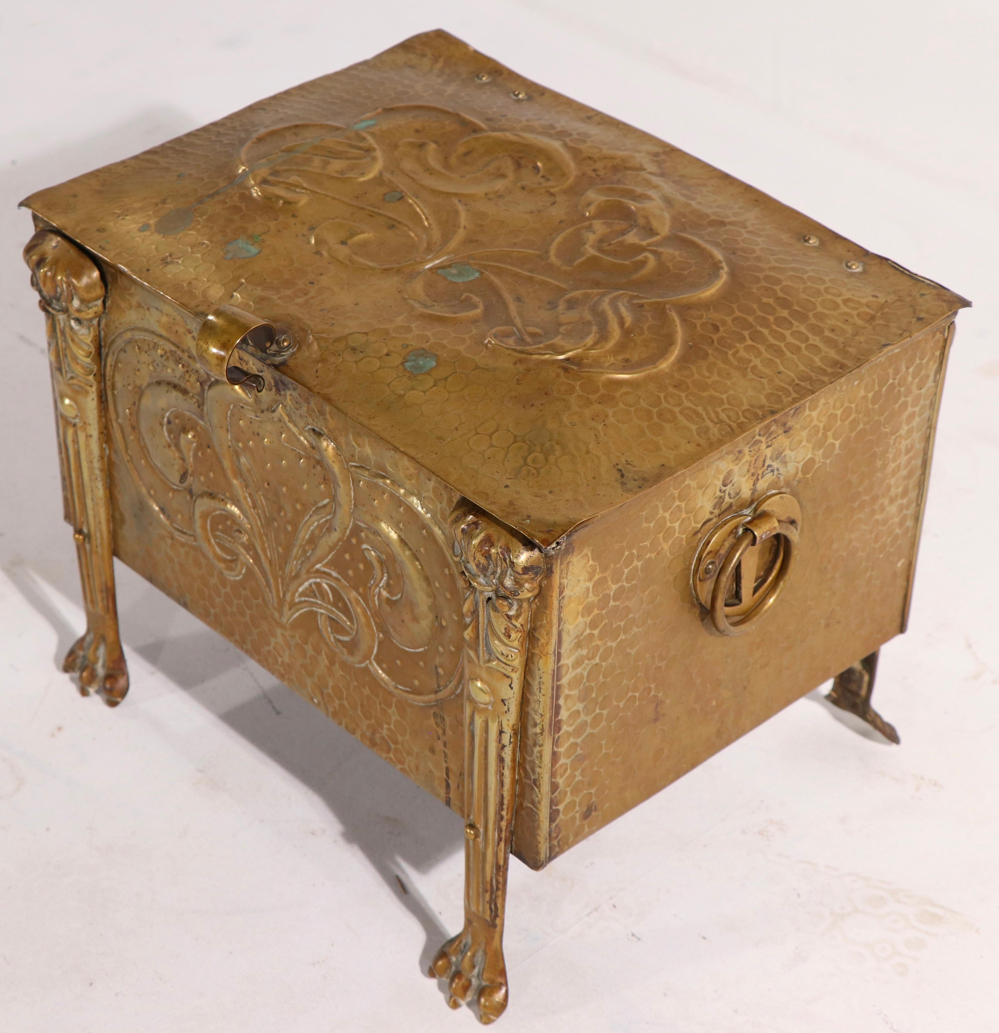 English 19th C Art Nouveau Arts and Crafts Coal Wood Box in Repousse Brass