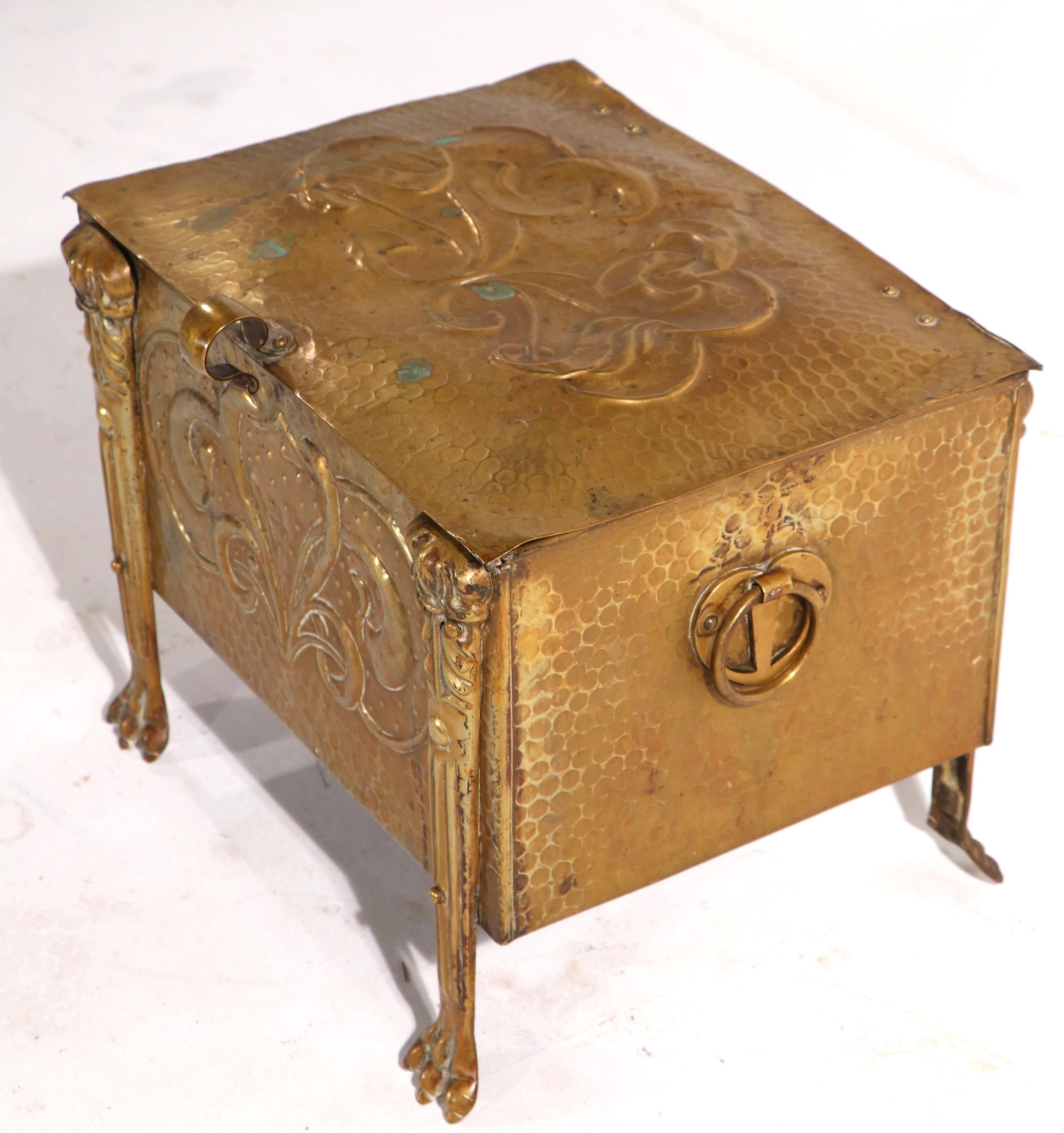 Repoussé 19th C Art Nouveau Arts and Crafts Coal Wood Box in Repousse Brass