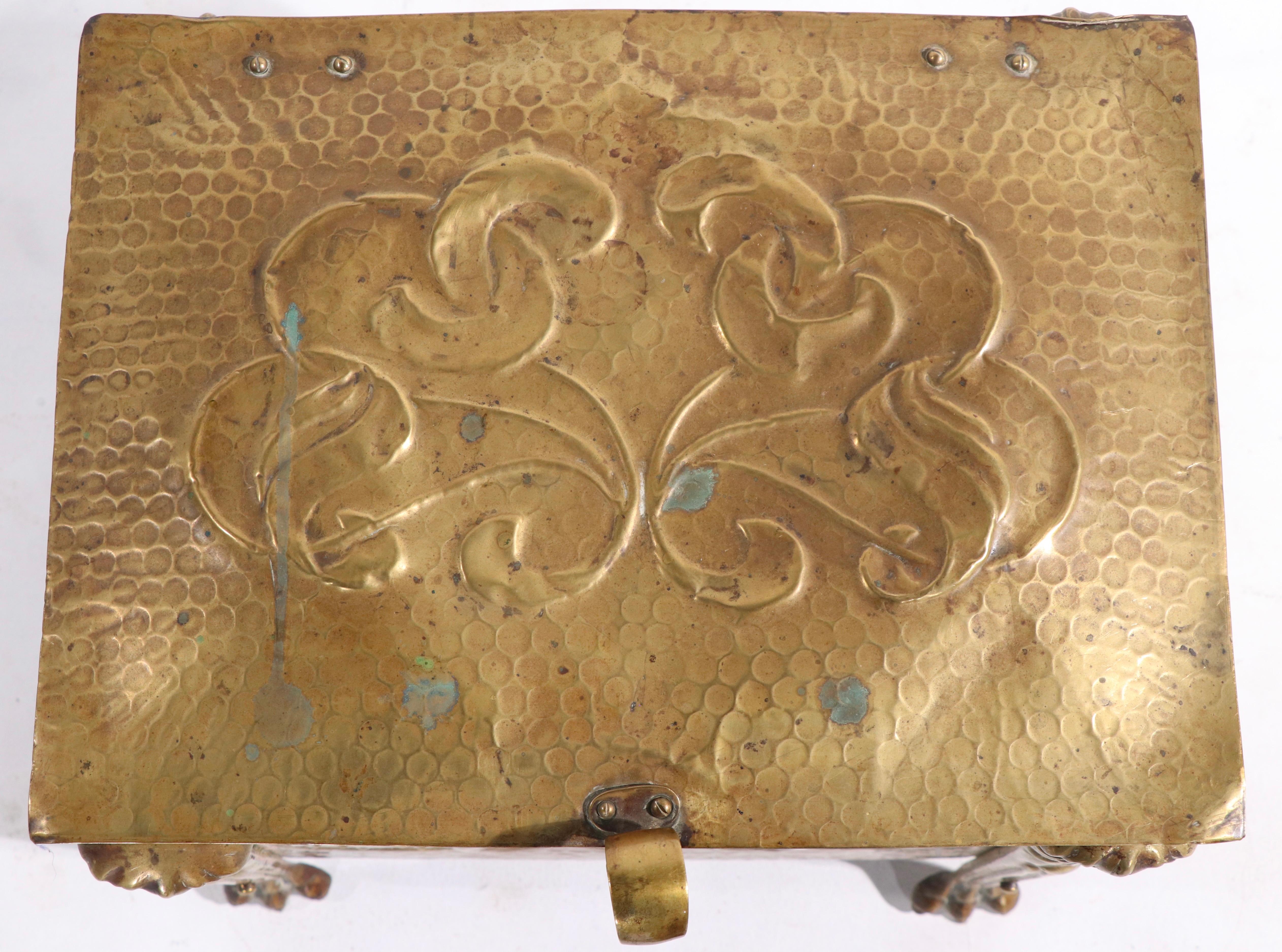 19th C Art Nouveau Arts and Crafts Coal Wood Box in Repousse Brass In Good Condition In New York, NY