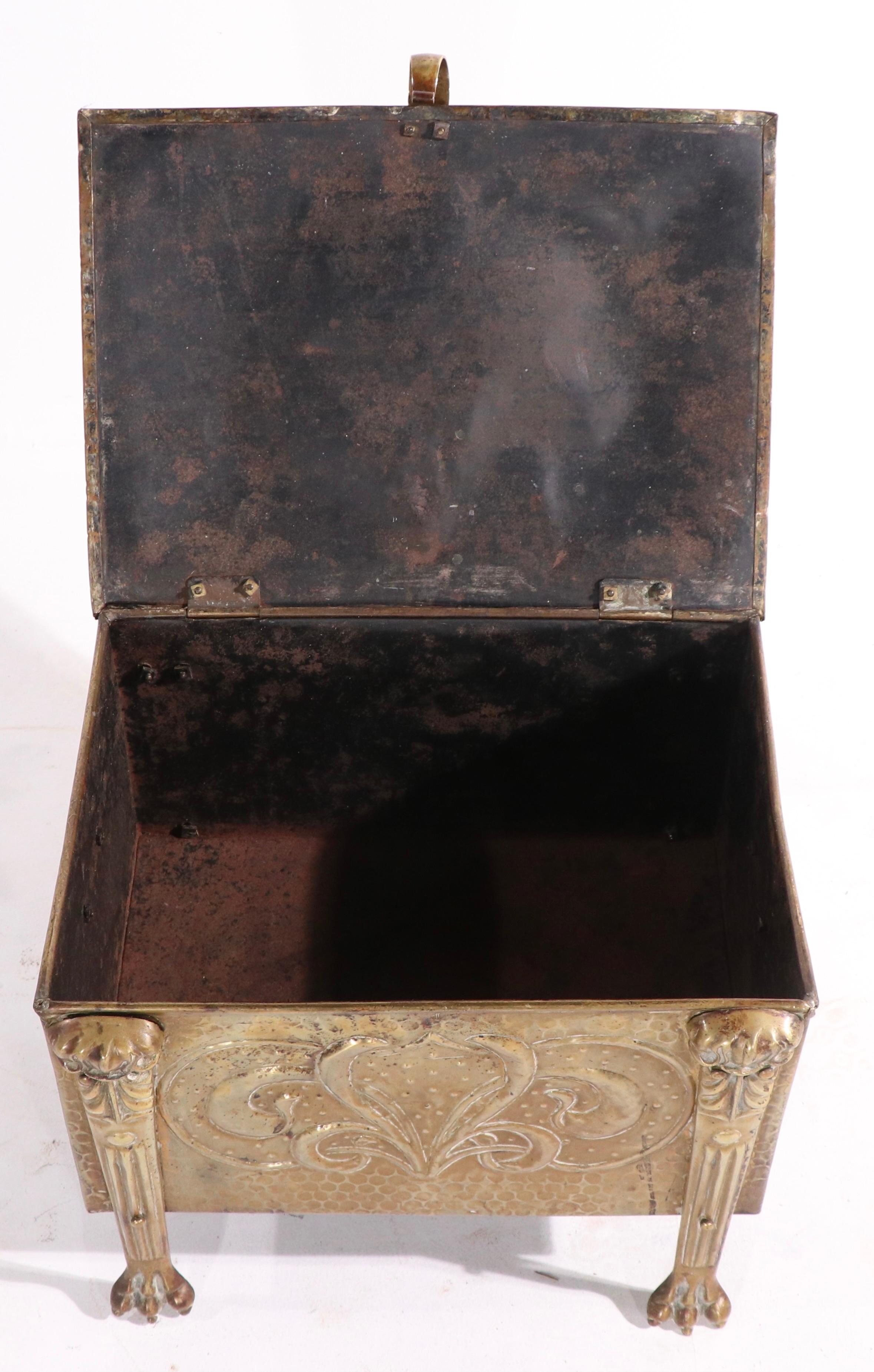 19th Century 19th C Art Nouveau Arts and Crafts Coal Wood Box in Repousse Brass