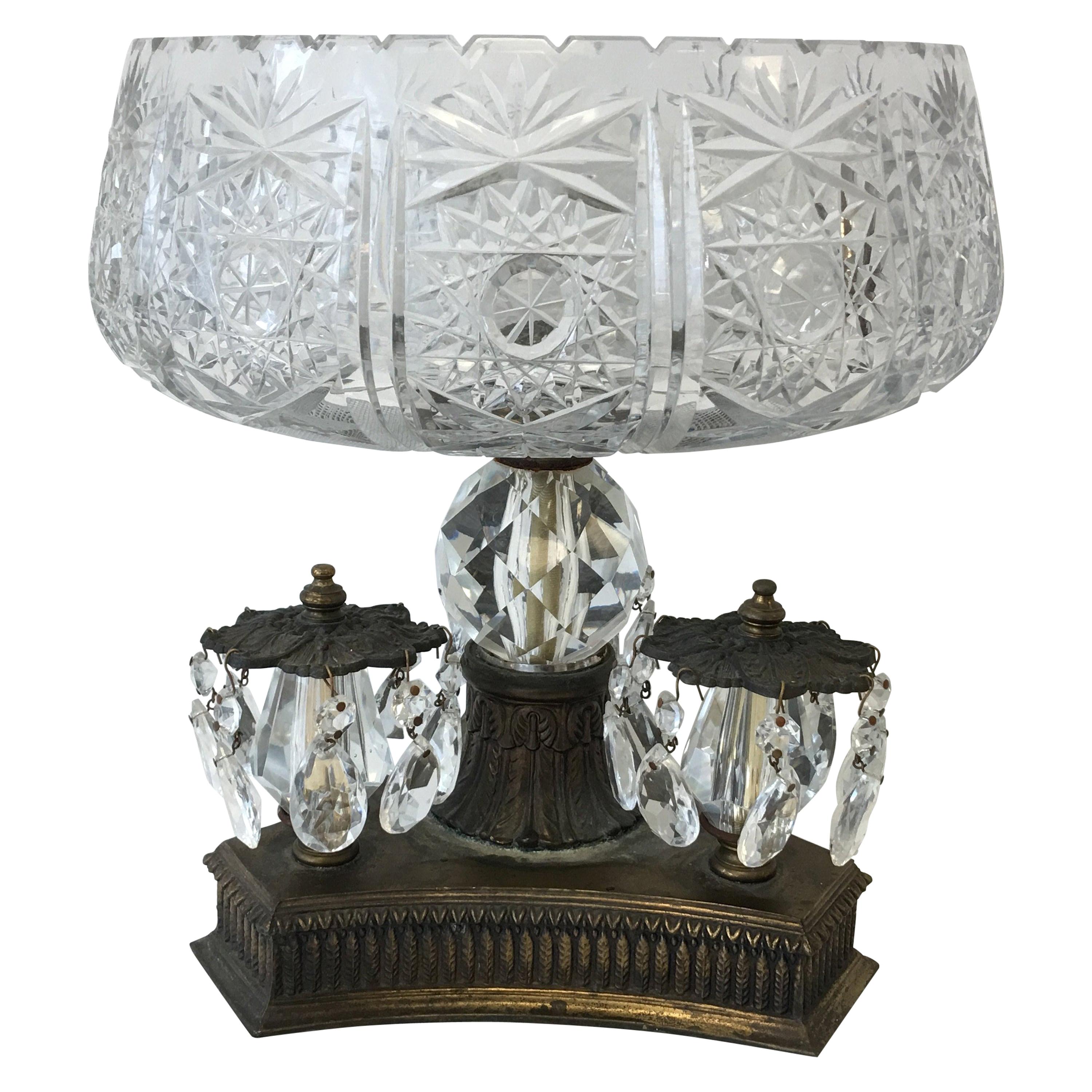 19th Century Art Nouveau Large Crystal and Bronze Compote Bowl For Sale