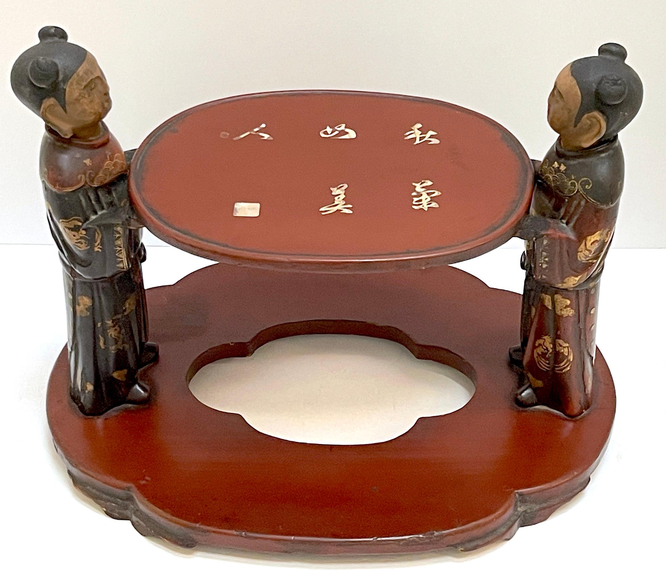 19th C. Chinese Figural Carved Wood Lacquer Scholars/ Offering / Opium Stand
Chinese 19th Century 

A truly unique and remarkable piece from 19th-century China, this figural carved wood lacquer stand embodies the intricate craftsmanship and cultural