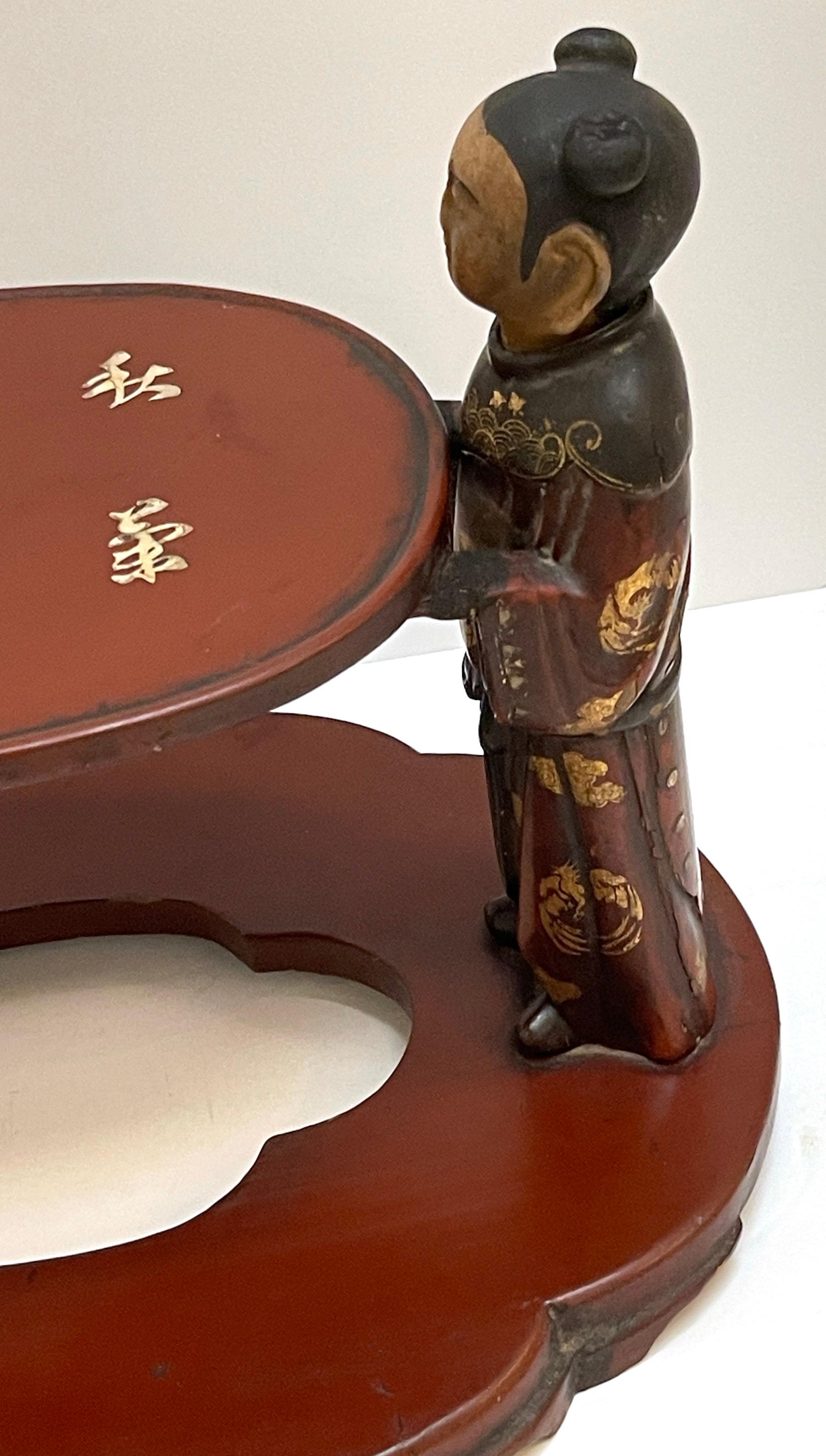 19th C. Chinese Figural Carved Wood Lacquer Scholars/ Offering / Opium Stand In Good Condition For Sale In West Palm Beach, FL