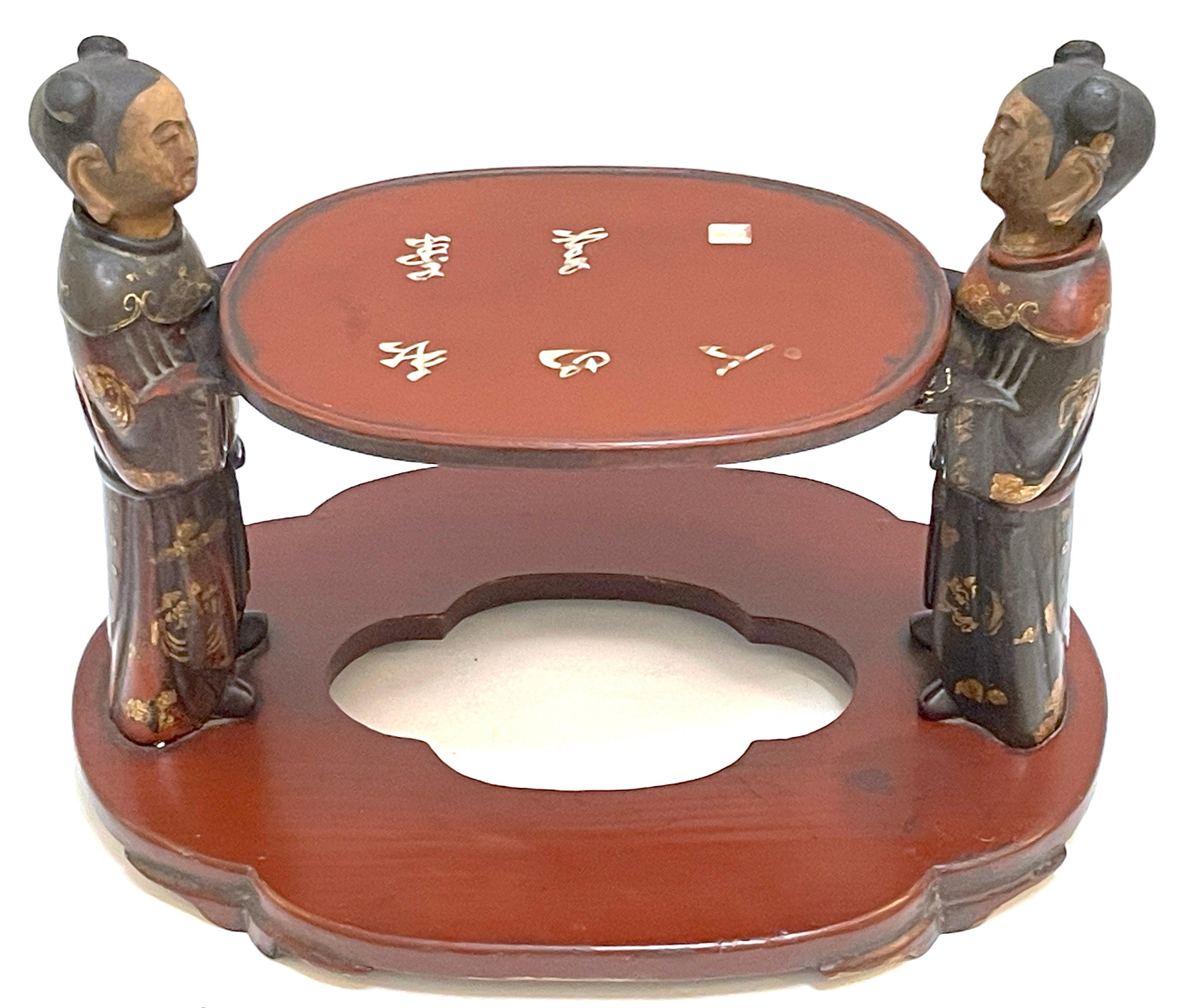 19th C. Chinese Figural Carved Wood Lacquer Scholars/ Offering / Opium Stand For Sale 3