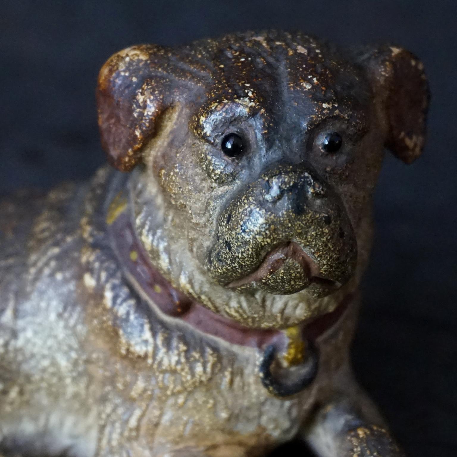 19th Century 19th C. Austrian Cold Painted Terracotta Lying Pug Dog Red Collar Glass Eyes For Sale