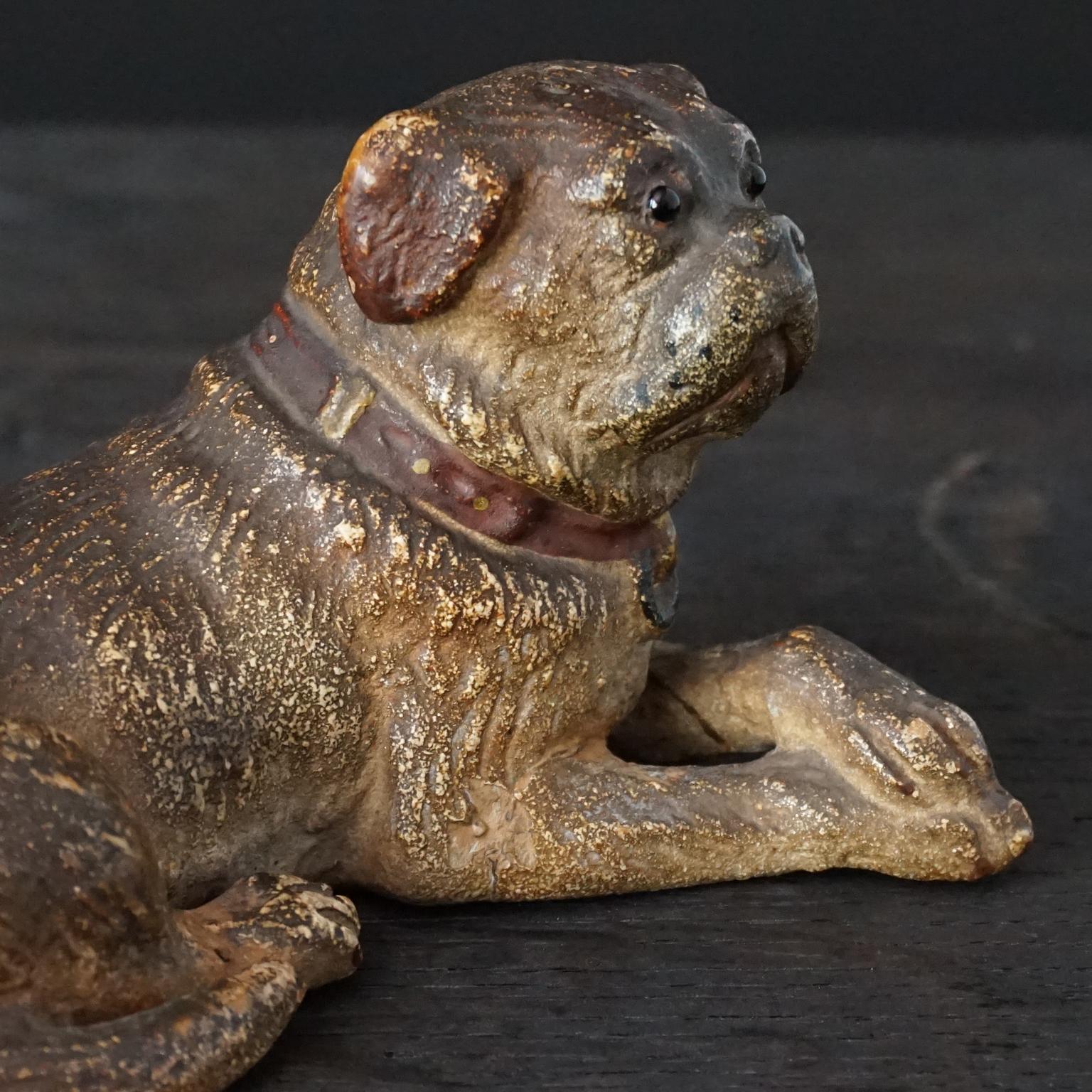 19th C. Austrian Cold Painted Terracotta Lying Pug Dog Red Collar Glass Eyes For Sale 1