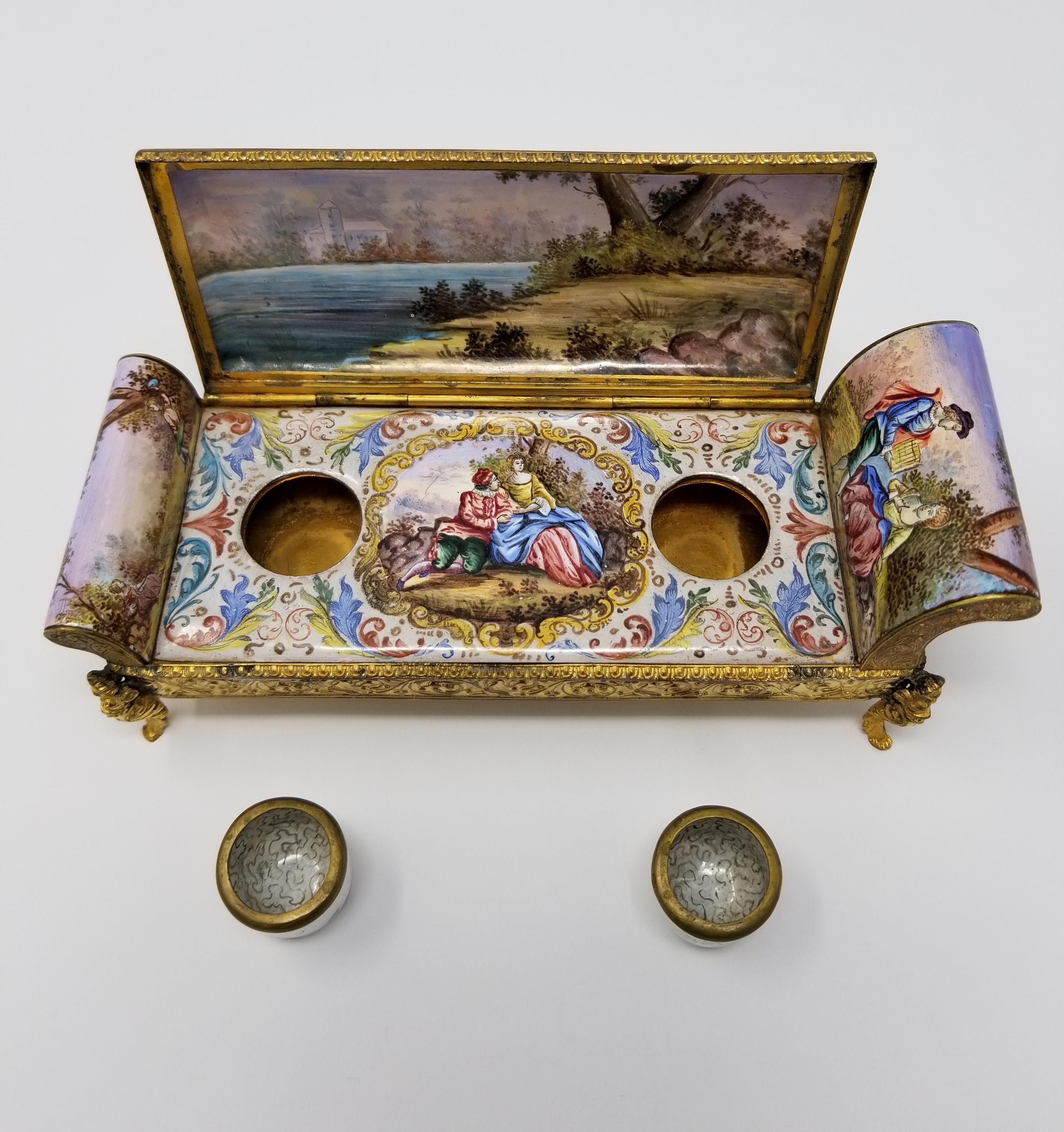 Austrian Viennese Enamel Inkwell Recamier with Classical/ Landscape Scenes 4