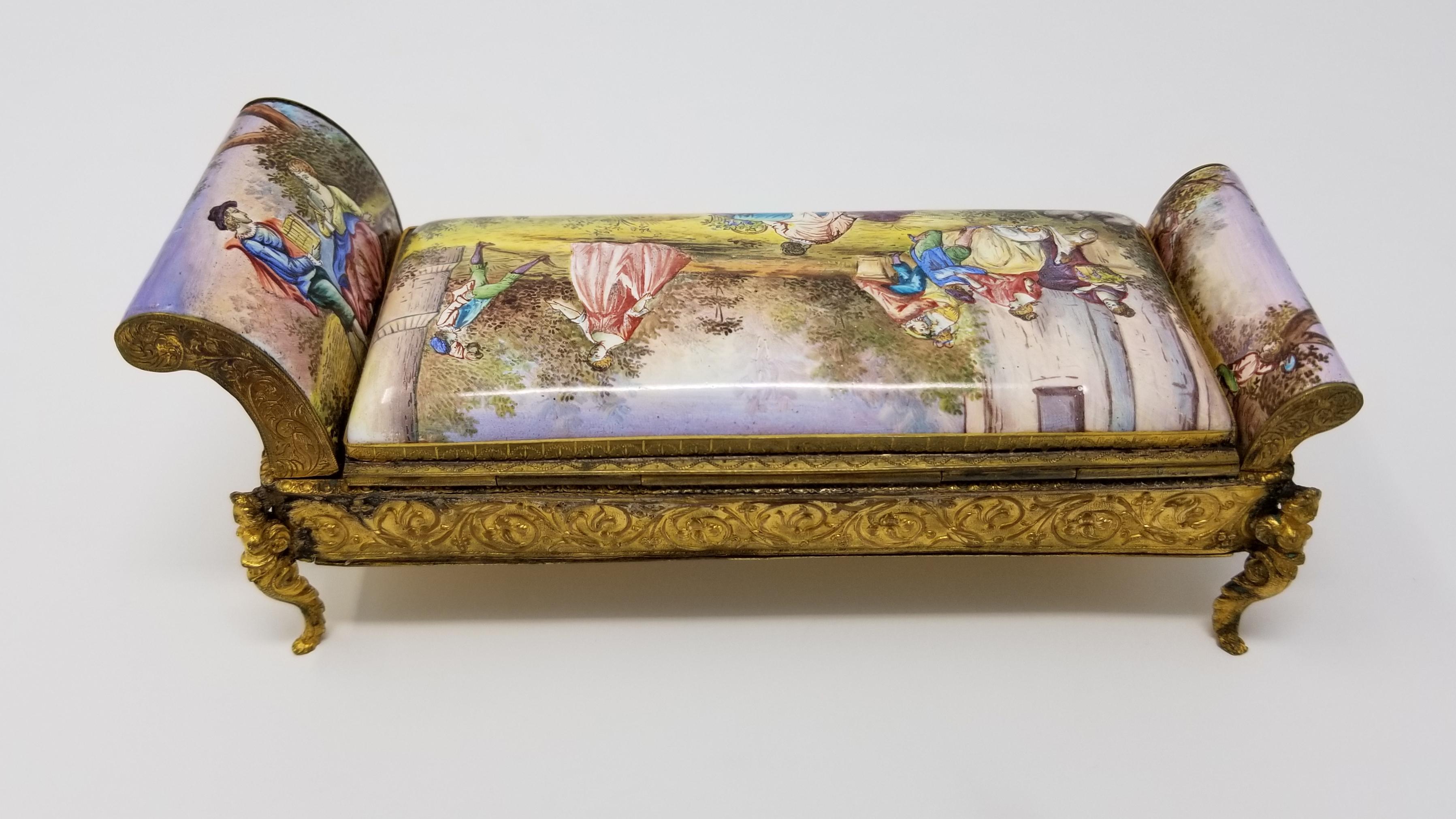 A beautiful 19th century Louis XVI style Austrian Viennese enamel inkwell vesta daybed/Recamier with classical and landscape scenes. Each panel depicts a different classical scene, which includes scenes of noble men and noble woman picnicking,