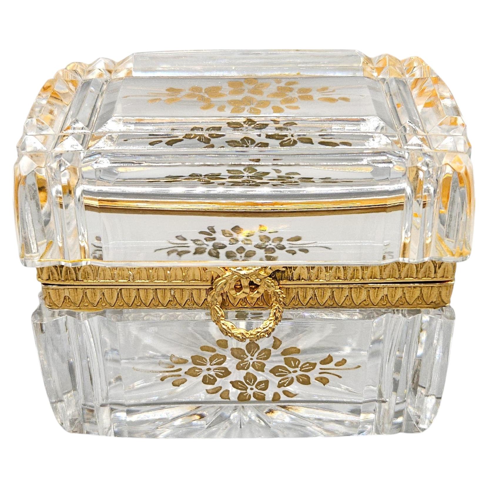 19th C Baccarat Crystal Hand Painted Jewelry Box/Casket, Ormolu Mounts, France