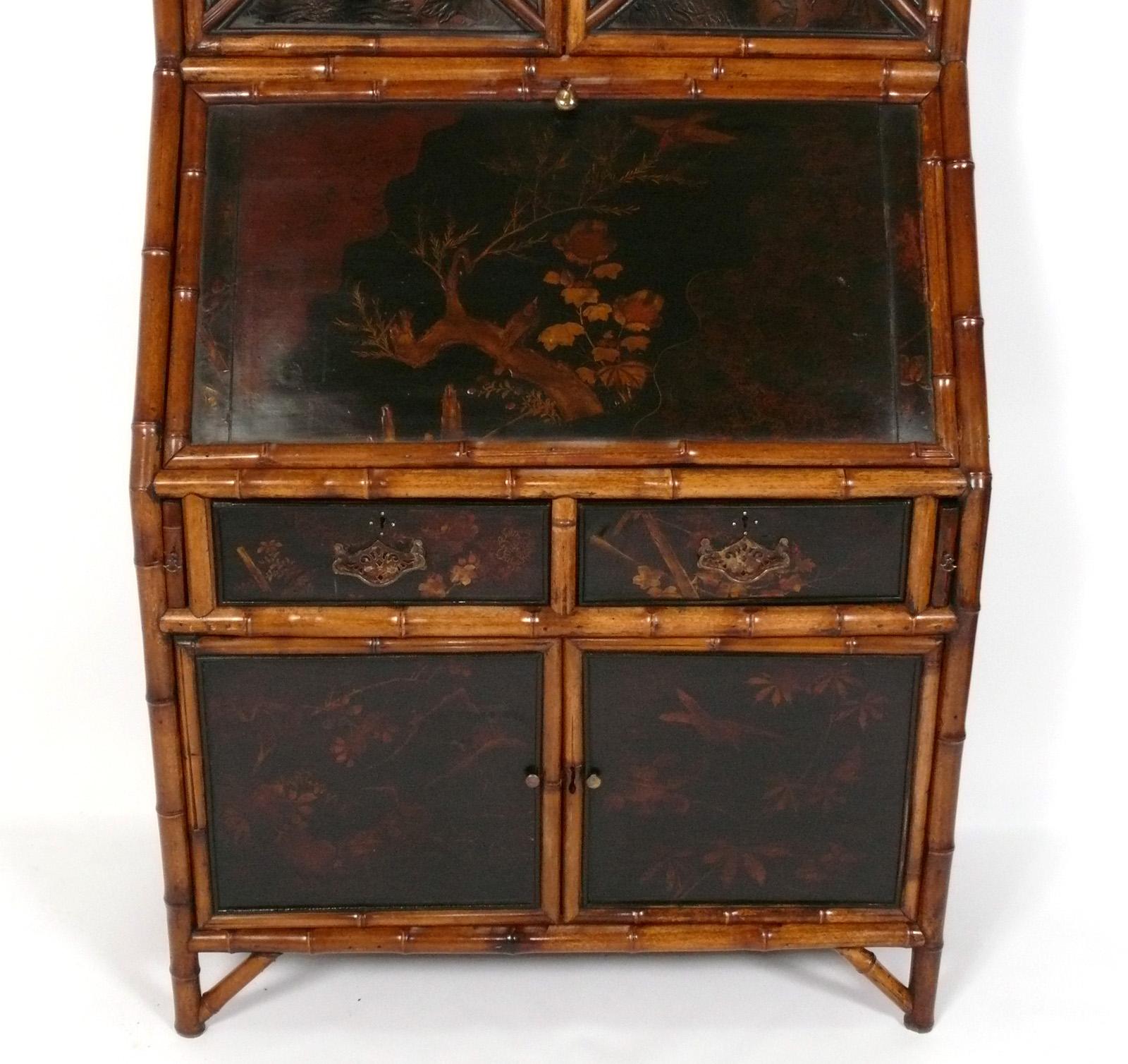 Japanned 19th C. Bamboo Chinoiserie Secretary or Cabinet