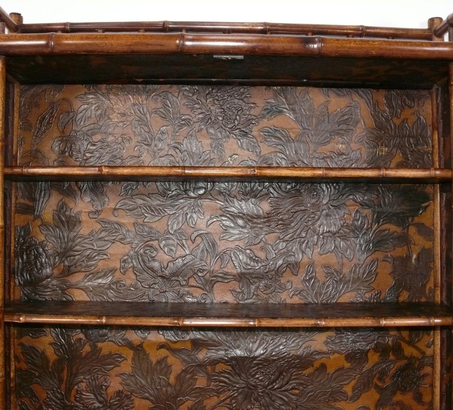 Leather 19th C. Bamboo Chinoiserie Secretary or Cabinet