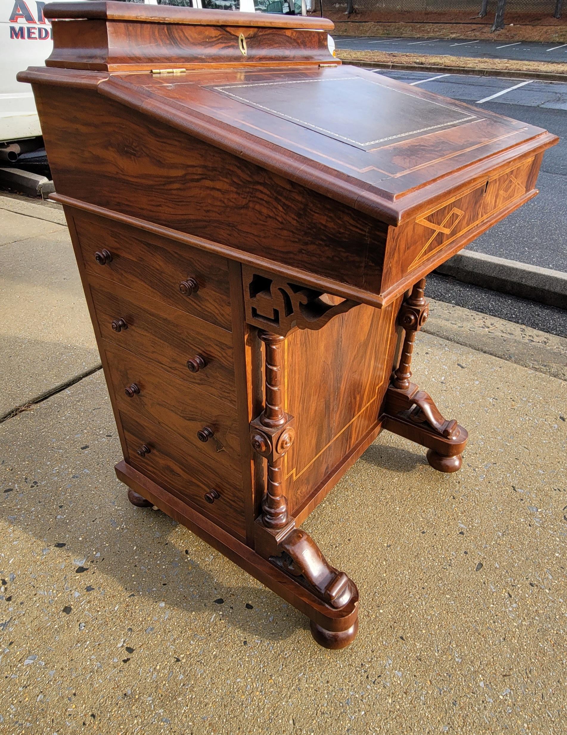 19th Century 19th C. Banded Flame Mahogany Davenport Desk with Tooled Leather Top with Keys
