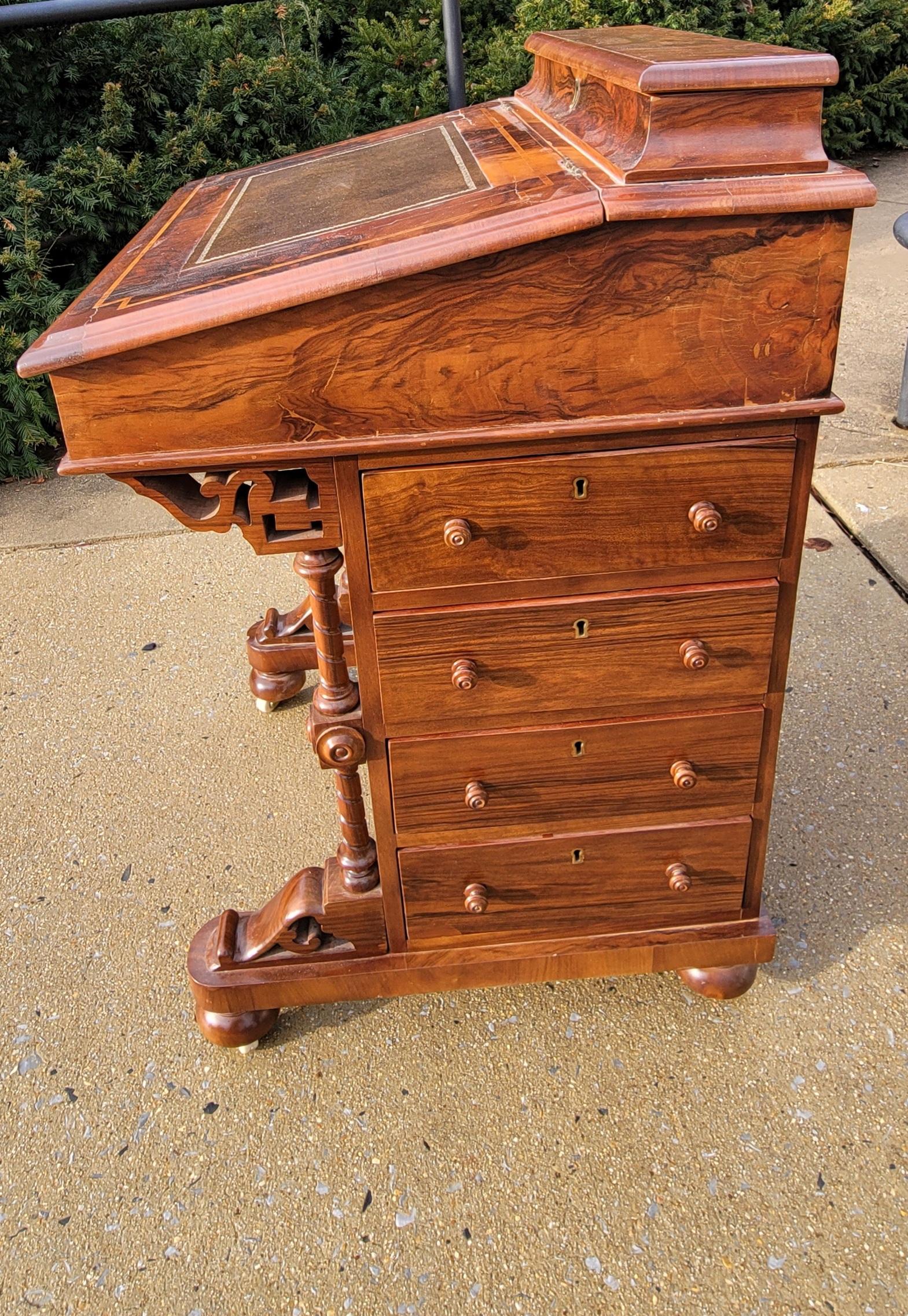 19th C. Banded Flame Mahogany Davenport Desk with Tooled Leather Top with Keys 1
