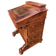 Antique 19th C. Banded Flame Mahogany Davenport Desk with Tooled Leather Top with Keys