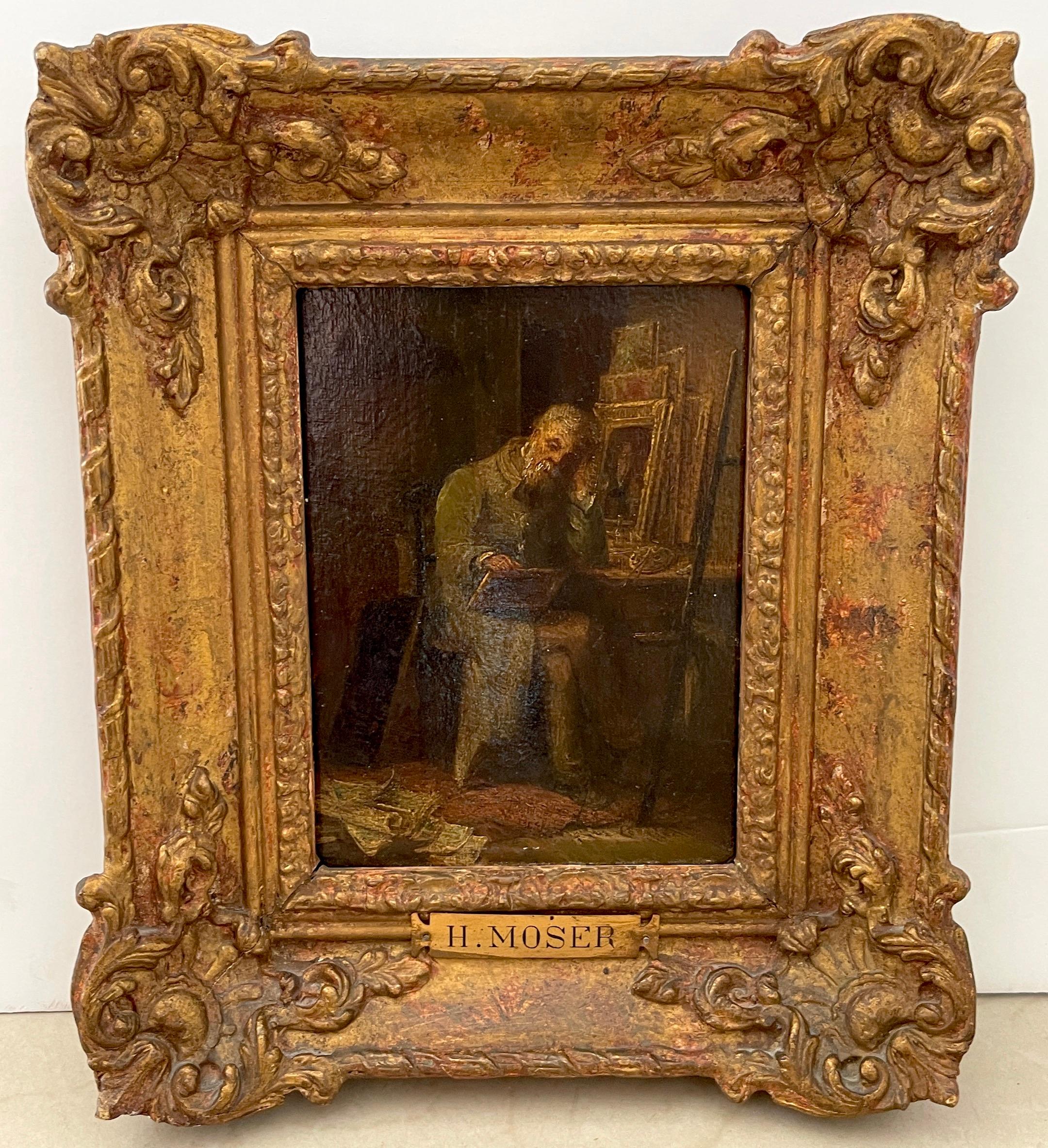 Europeo Scuola di Barbizon del 19° C.  Pittura, l'artista nel suo studio, di H. H. Moser in vendita