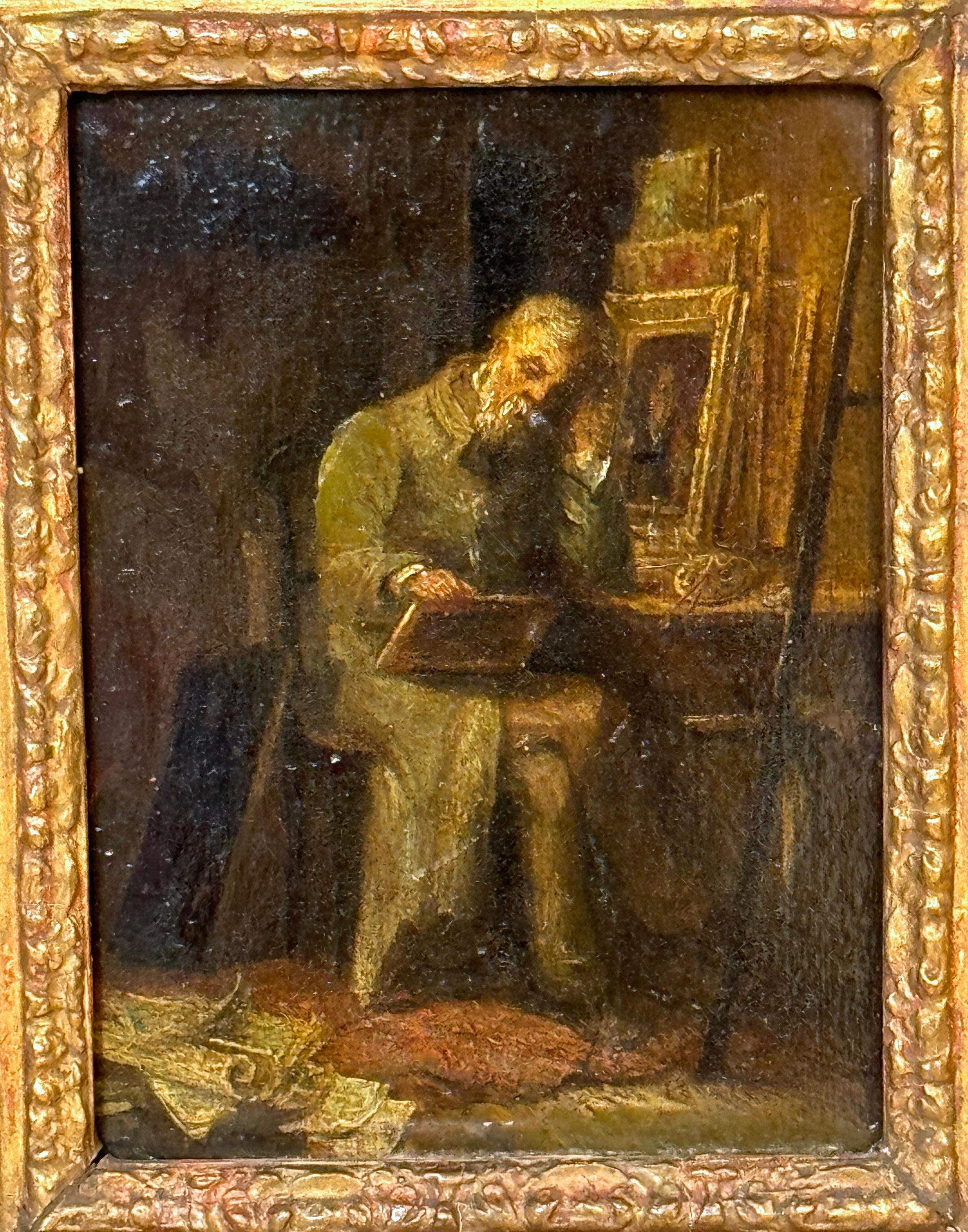 Dipinto a mano Scuola di Barbizon del 19° C.  Pittura, l'artista nel suo studio, di H. H. Moser in vendita