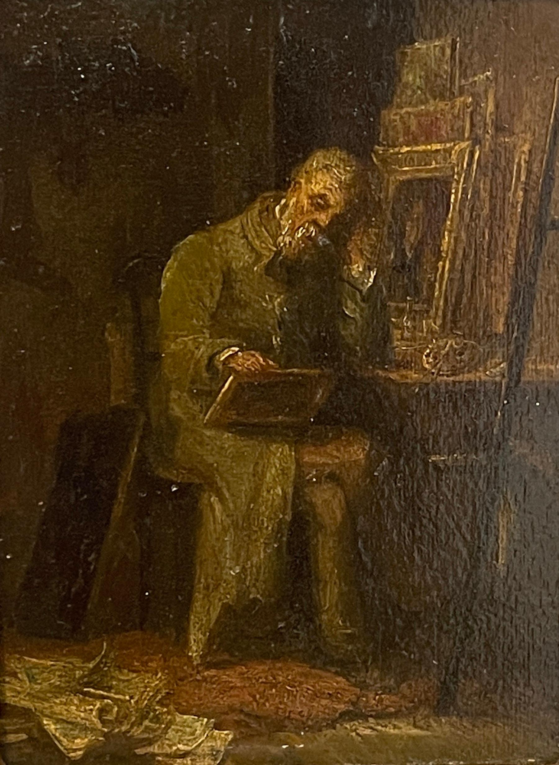 XIX secolo Scuola di Barbizon del 19° C.  Pittura, l'artista nel suo studio, di H. H. Moser in vendita