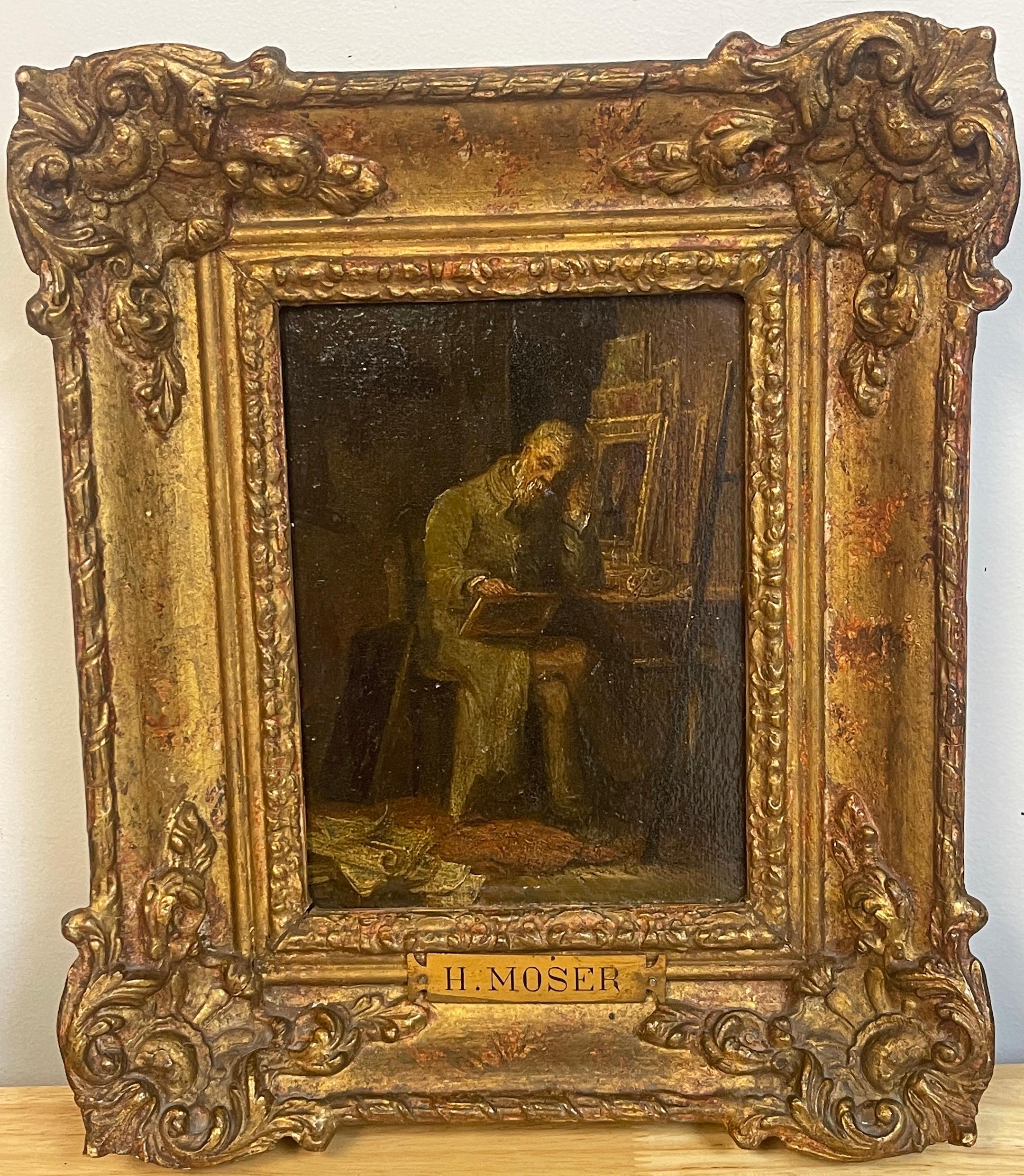 Scuola di Barbizon del 19° C.  Pittura, l'artista nel suo studio, di H. H. Moser in vendita 1