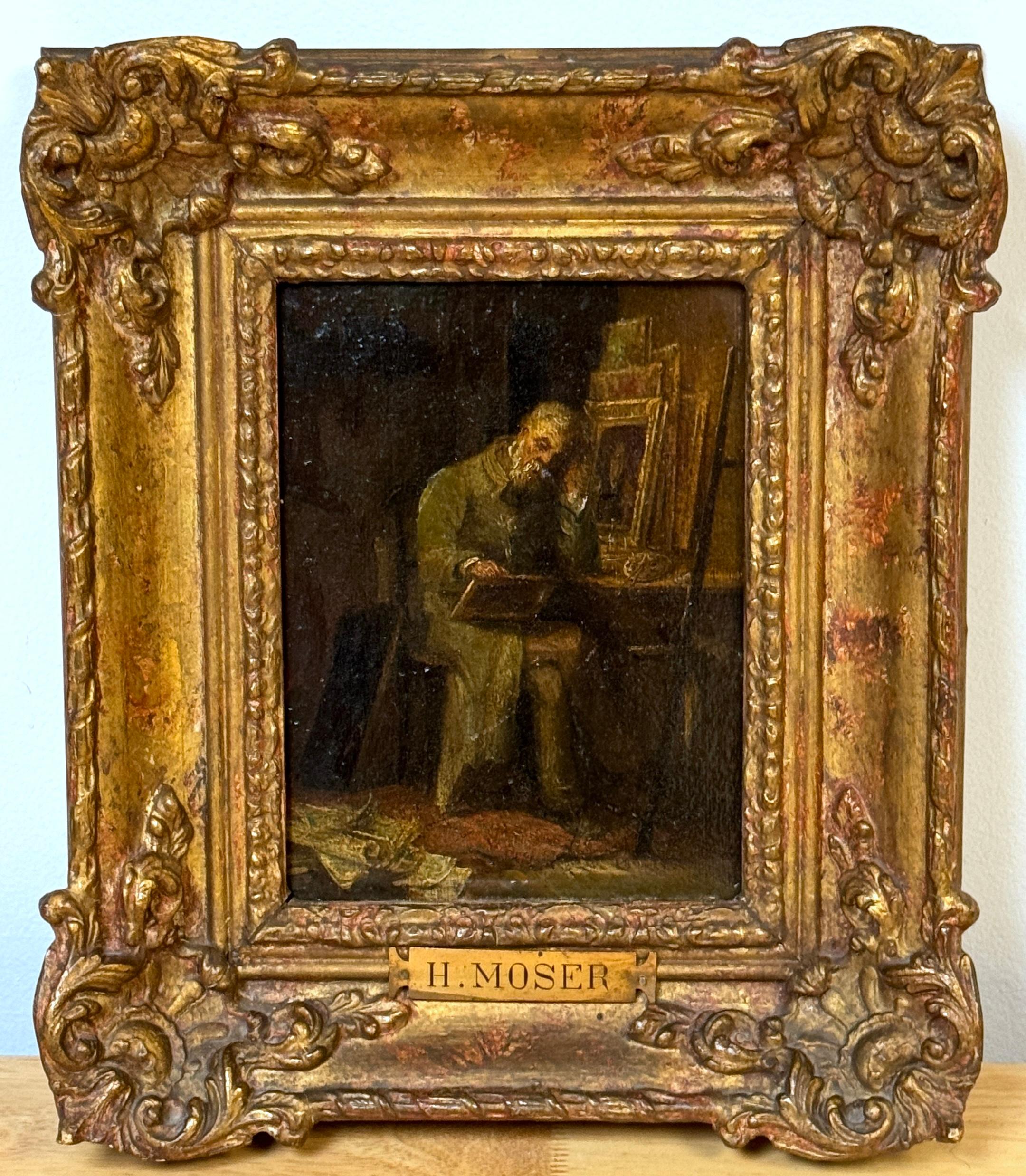 Scuola di Barbizon del 19° C.  Pittura, l'artista nel suo studio, di H. H. Moser in vendita 2