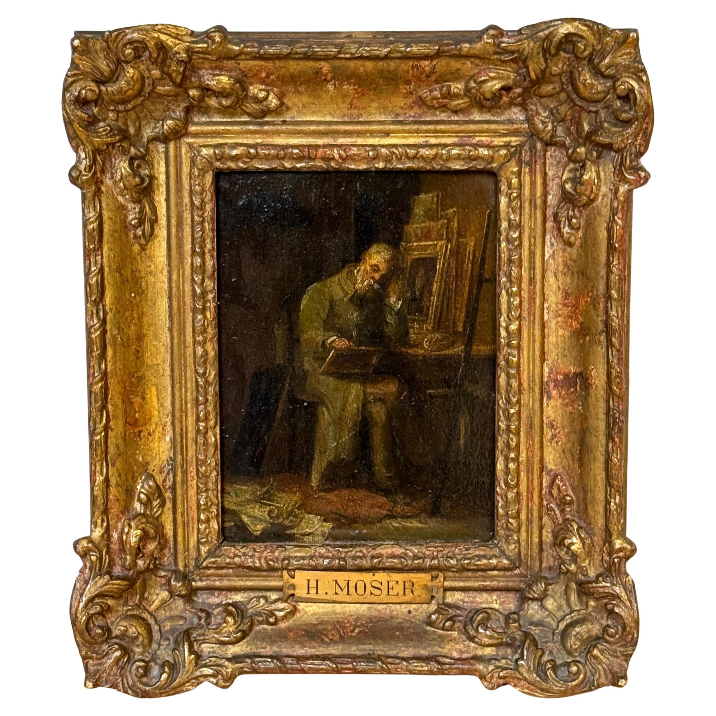 Escuela de Barbizon del siglo XIX  Pintura, El artista en su estudio, Por H. Moser