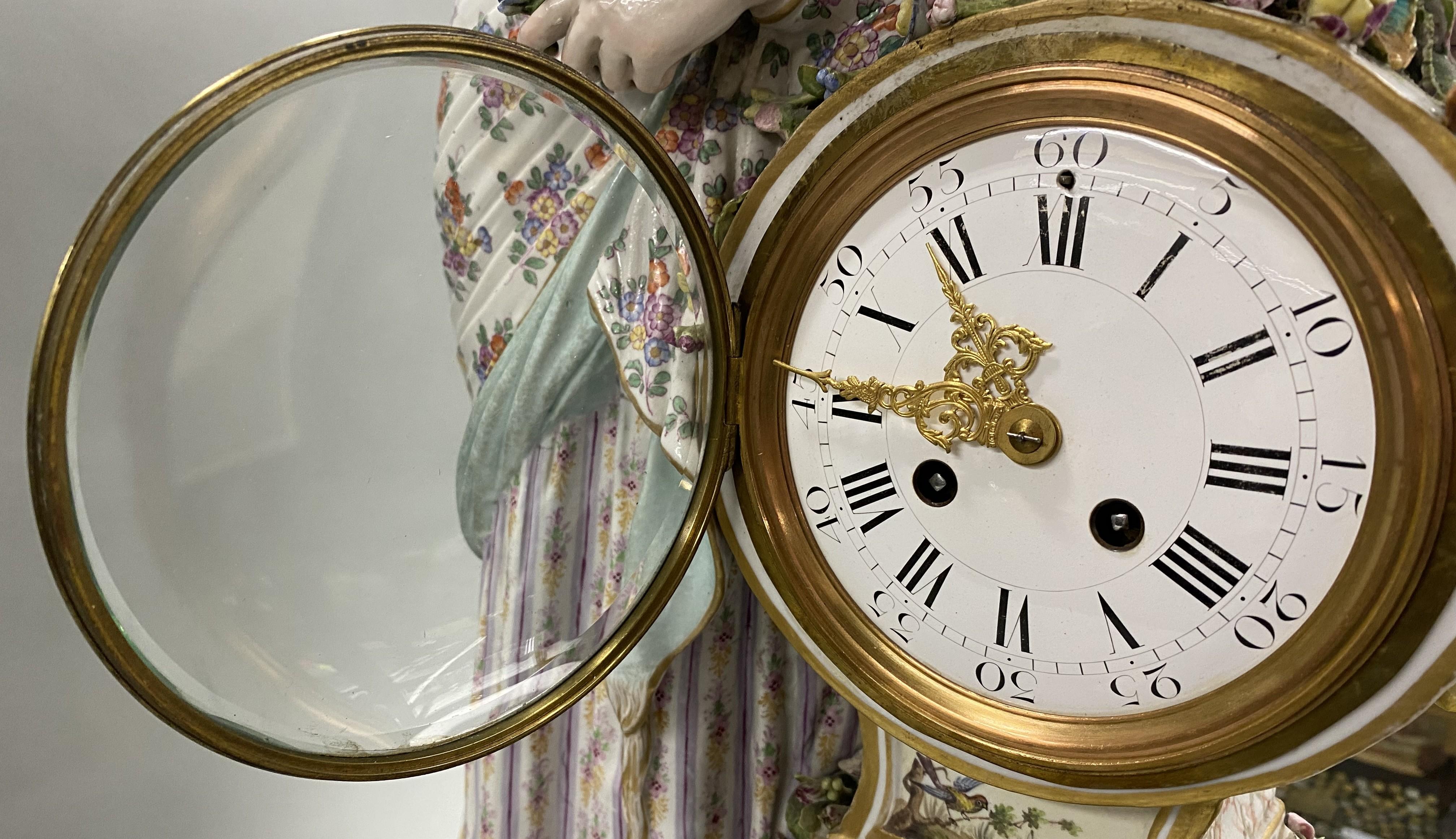 19th c Beautifully Decorated German Porcelain Figural Clock, Probably Meissen For Sale 12