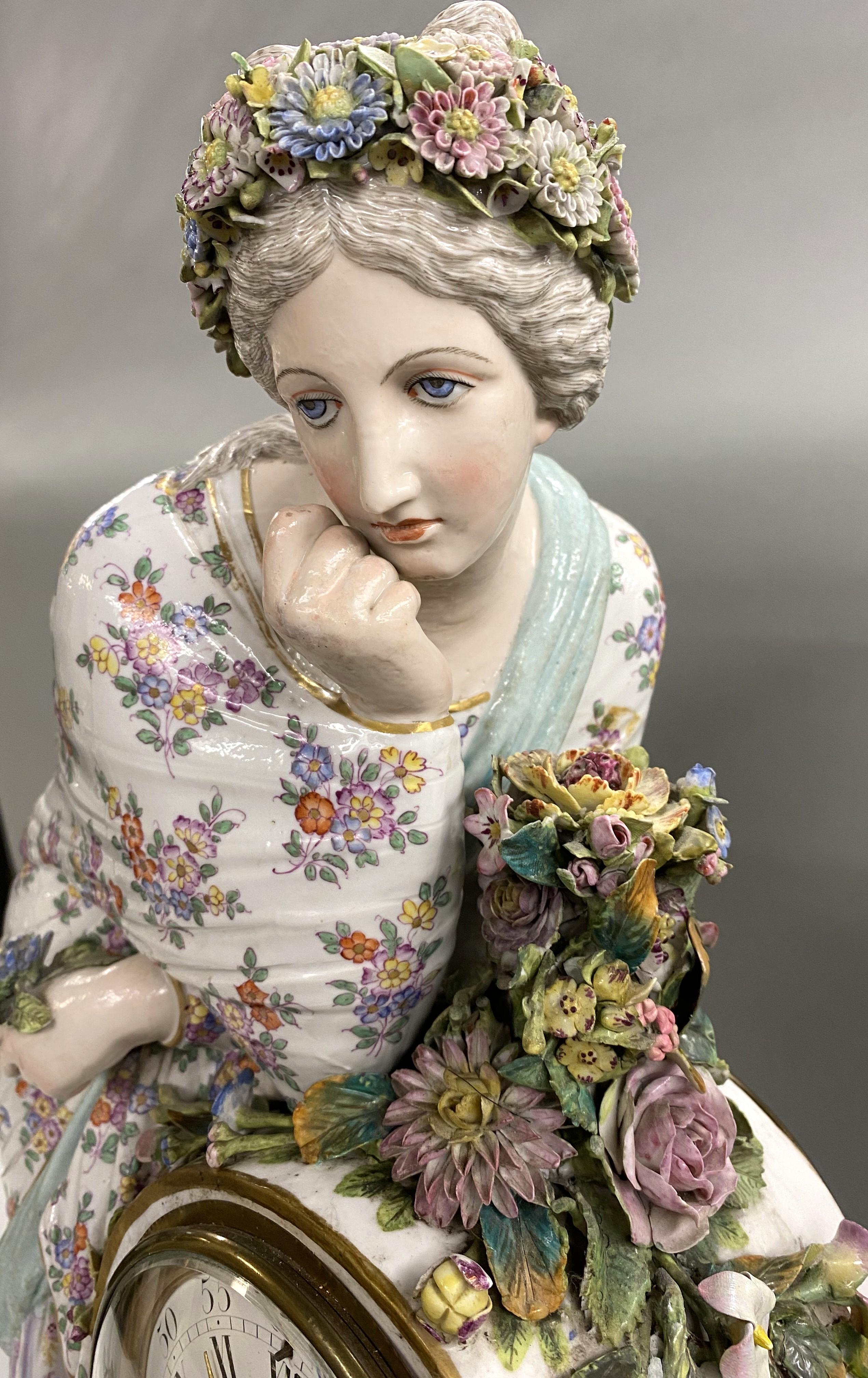 19th c Beautifully Decorated German Porcelain Figural Clock, Probably Meissen For Sale 1