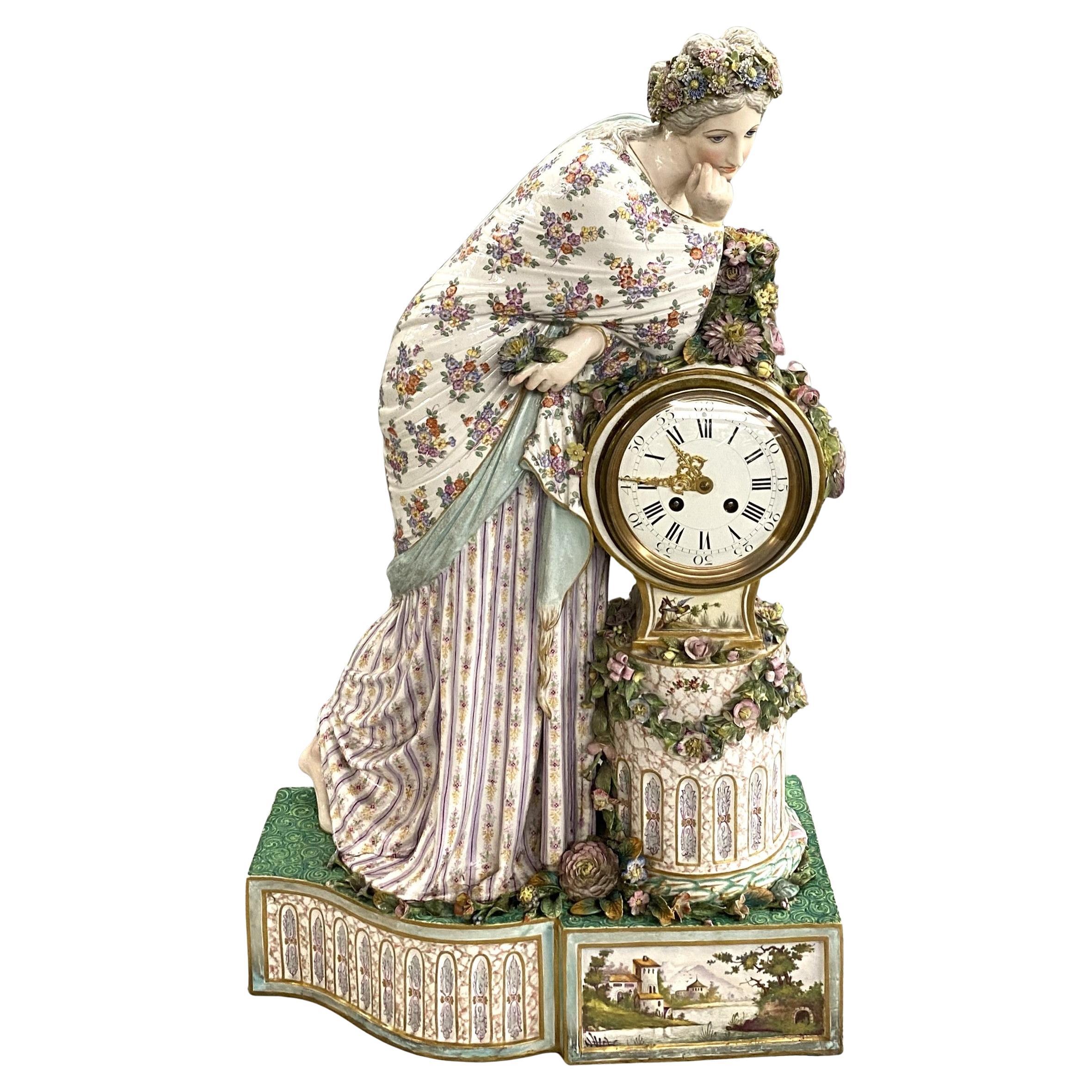 19th c Beautifully Decorated German Porcelain Figural Clock, Probably Meissen For Sale