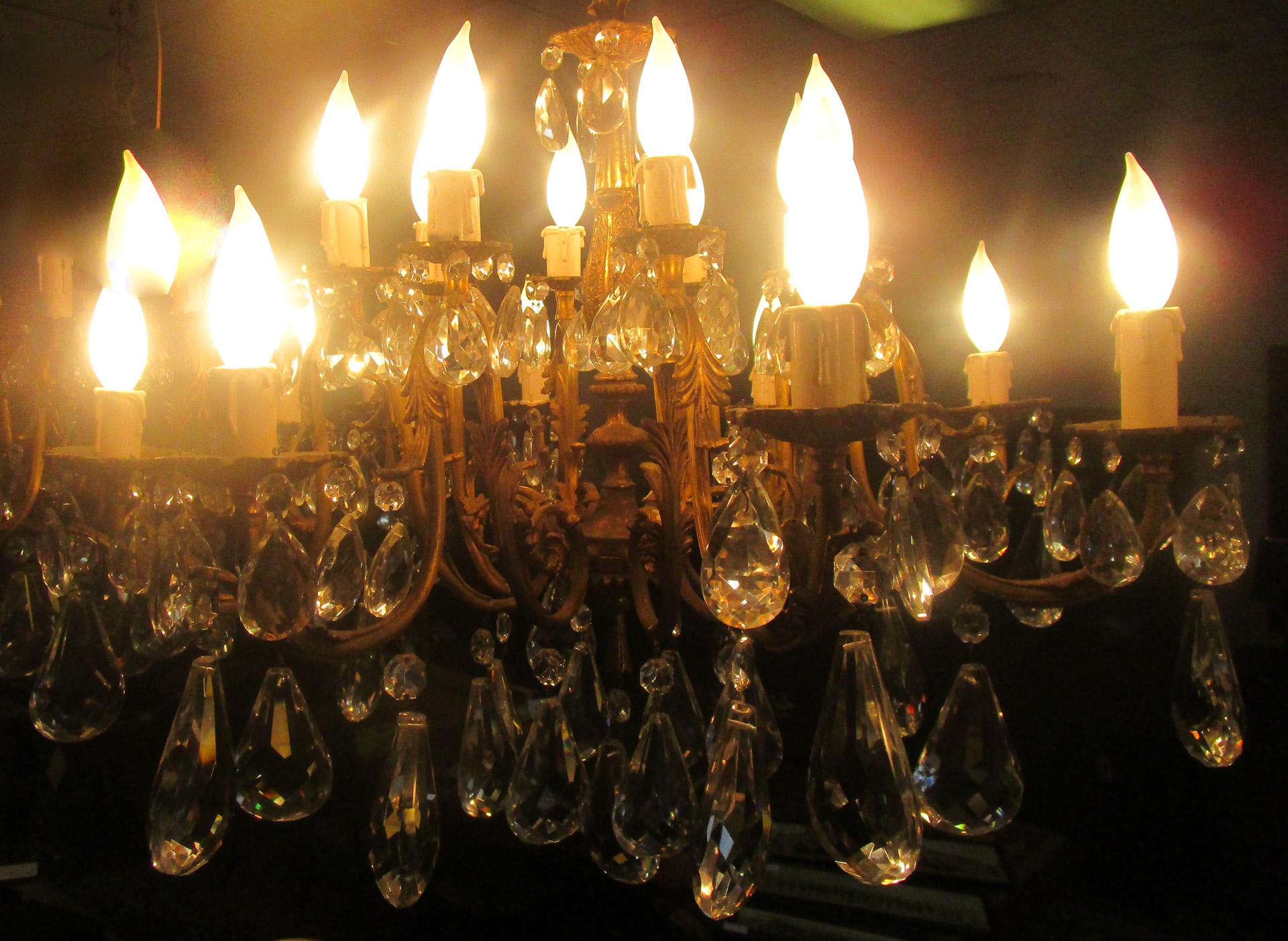 19th C Belle Epoque French Lead Crystal and Brass Sixteen Light Chandelier Pair For Sale 5