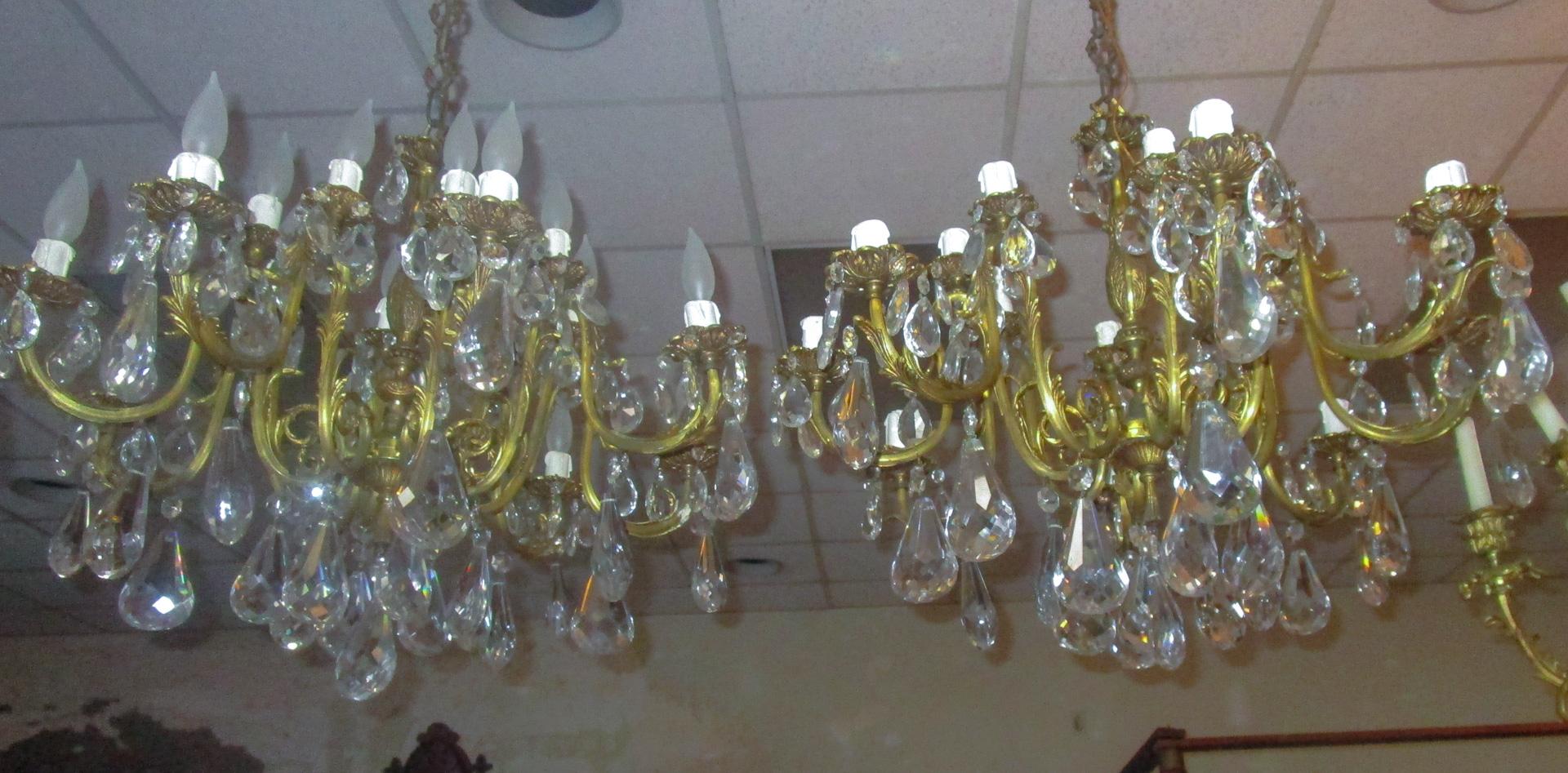 19th C Belle Epoque French Lead Crystal and Brass Sixteen Light Chandelier Pair For Sale 7