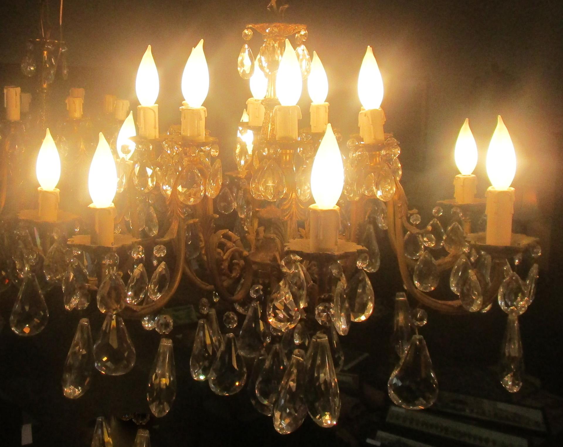 19th C Belle Epoque French Lead Crystal and Brass Sixteen Light Chandelier Pair For Sale 2