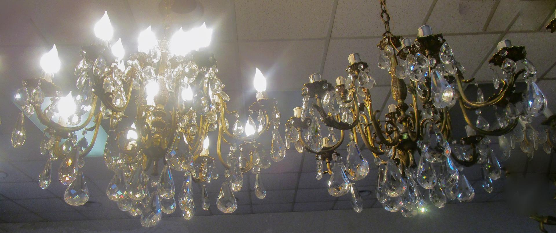 19th C Belle Epoque French Lead Crystal and Brass Sixteen Light Chandelier Pair For Sale 4