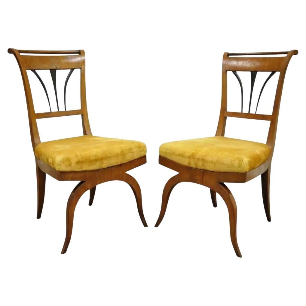 A.C. Biedermeier Italian Burl Fruitwood Curule Base Side Chairs - a Pair