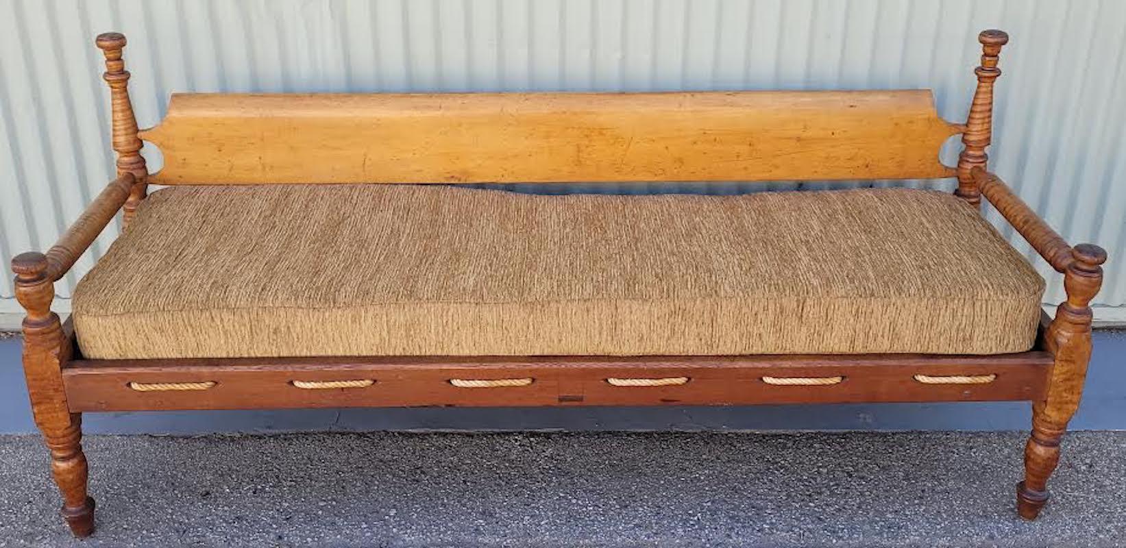 Beautiful 19th C Birdseye Maple Daybed/Settee. Pristine condition. Upholstered in A beautiful gold textered velvet. This piece would be nice at the end of a bed. It can also be a nice Bench, Daybed or Settee 

Measures: 31 H
28.5 D 
72 L
Seat H