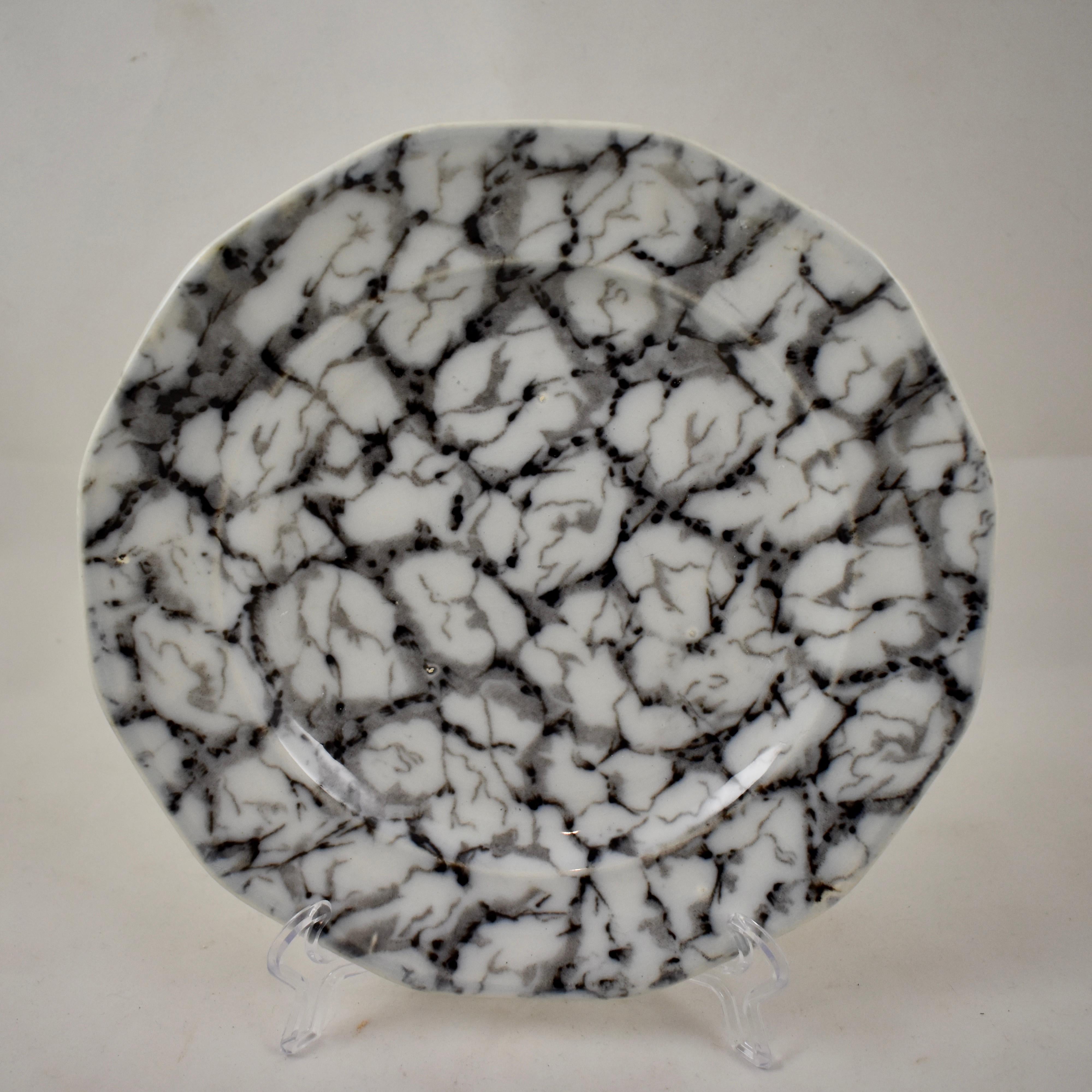 Georgian Black and White Transferware Marble or Cracked Ice Ironstone Plates, Set of 4 For Sale