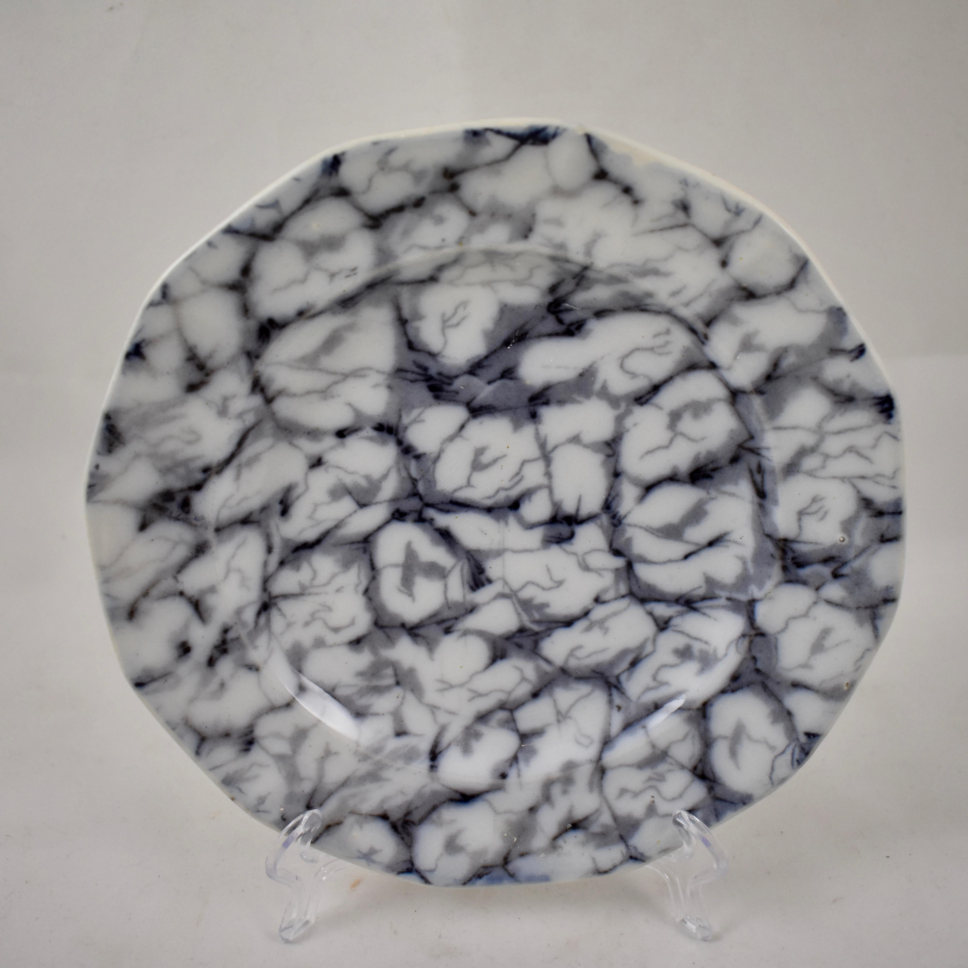 Glazed Black and White Transferware Marble or Cracked Ice Ironstone Plates, Set of 4 For Sale