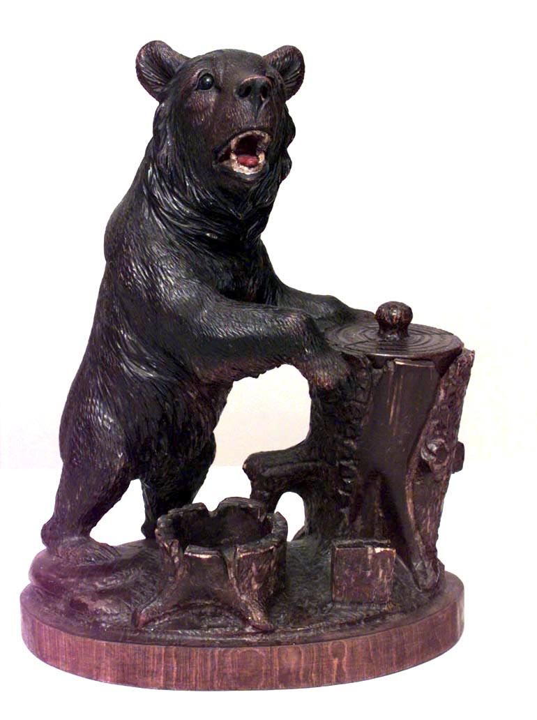 Rustic Black Forest (19th Cent) carved walnut humidor in the shape of a bear figure standing near tree stump (with ashtray and covered container)
